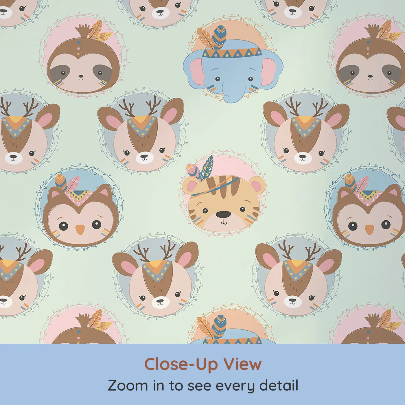 Close-up view of Whimsy Tots' Woodland Royalty Parade Wallpaper in Mint Green (W3011C).Sweet woodland animals don royal headbands in this gentle parade of cuteness.
