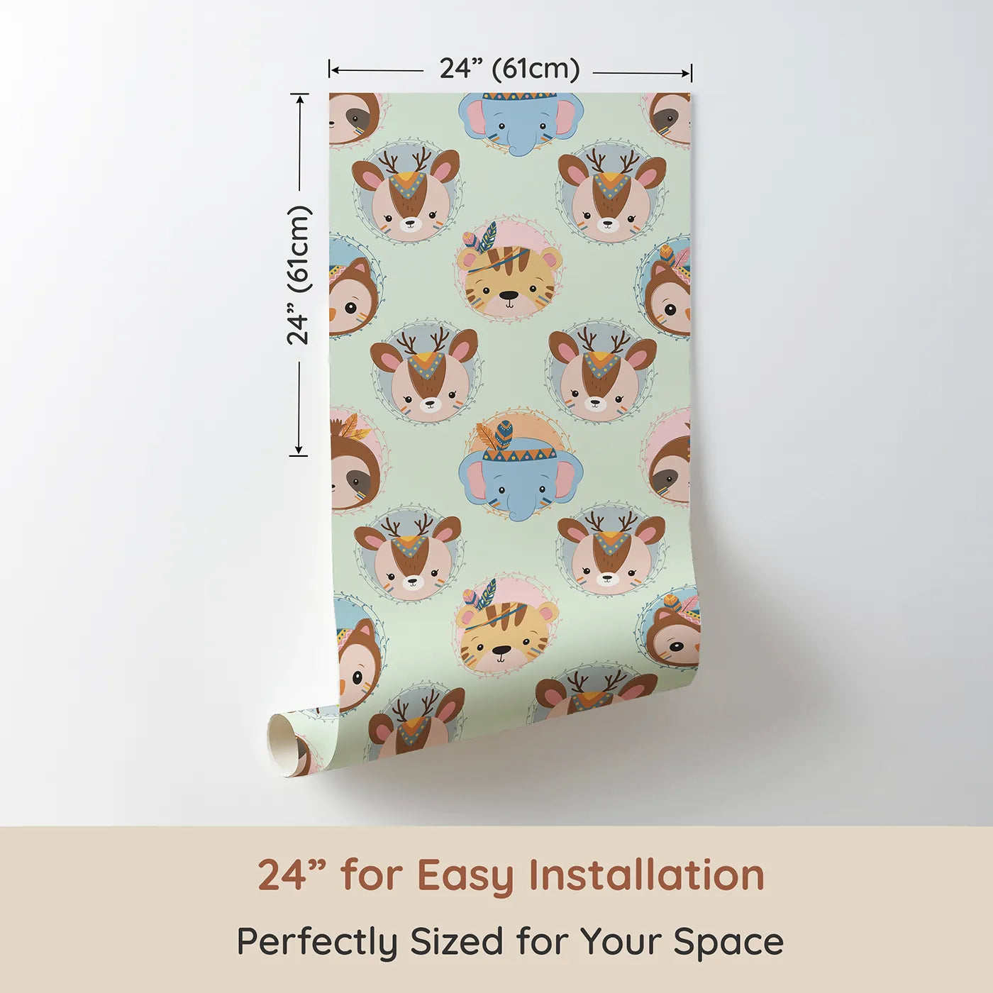 Dimension view of Whimsy Tots Woodland Royalty Parade Wallpaper in Mint Green (W3011C). Printed in 24-inch-wide panel for easy installation. Sweet woodland animals don royal headbands in this gentle parade of cuteness.