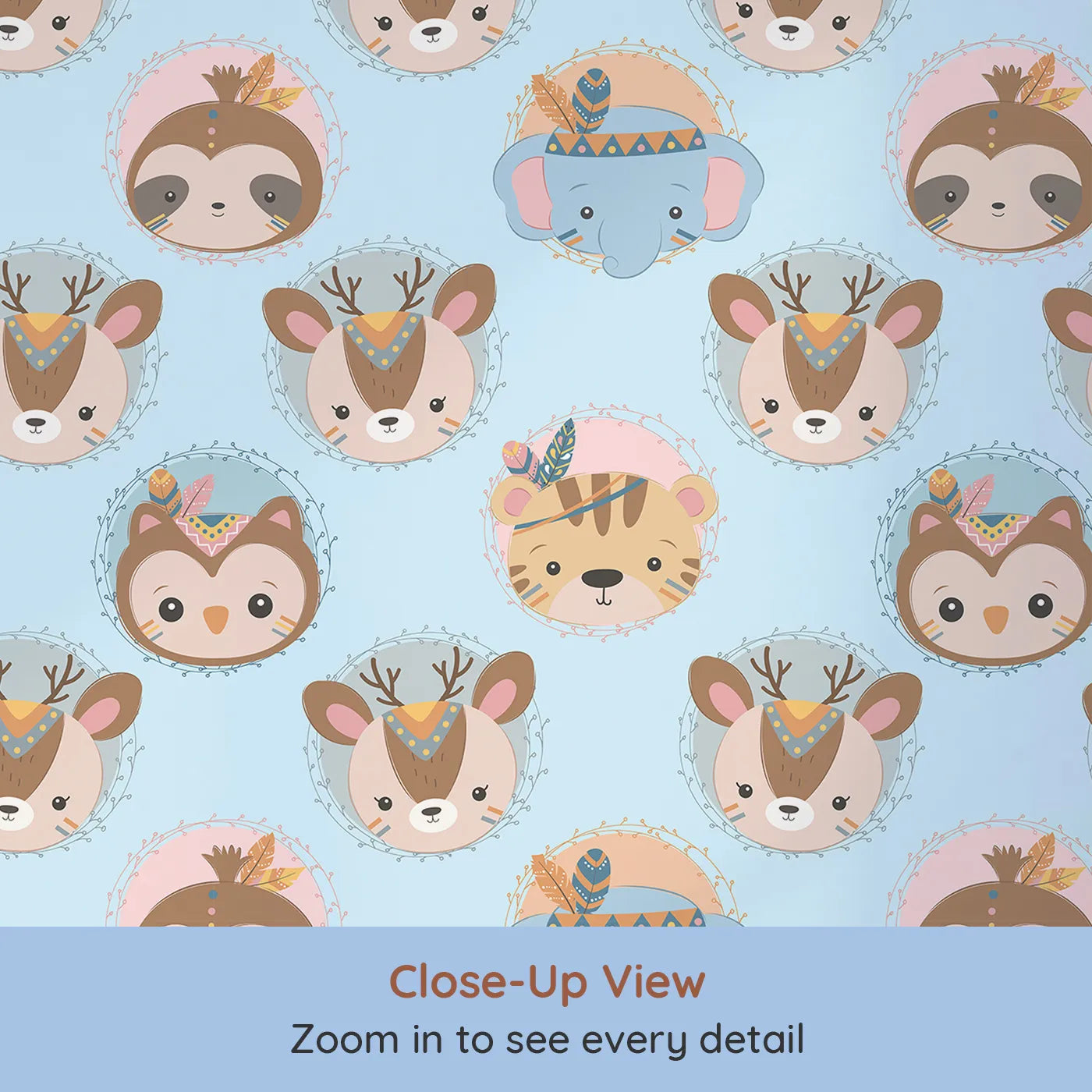 Close-up view of Whimsy Tots' Woodland Royalty Parade Wallpaper in Blue (W3011D).Sweet woodland animals don royal headbands in this gentle parade of cuteness.