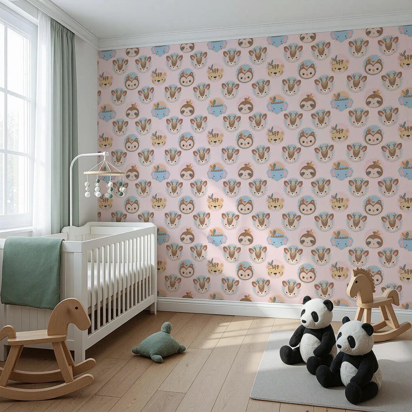 Angled view of Whimsy Tots' Woodland Royalty Parade Wallpaper in Pink (W3011E).Sweet woodland animals don royal headbands in this gentle parade of cuteness.