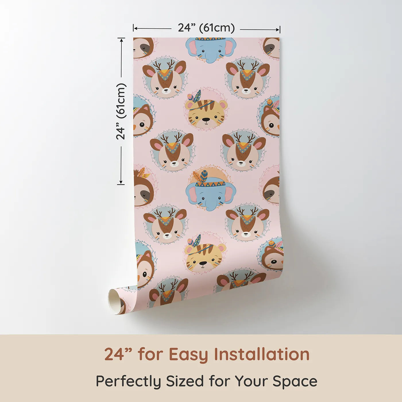 Dimension view of Whimsy Tots Woodland Royalty Parade Wallpaper in Pink (W3011E). Printed in 24-inch-wide panel for easy installation. Sweet woodland animals don royal headbands in this gentle parade of cuteness.