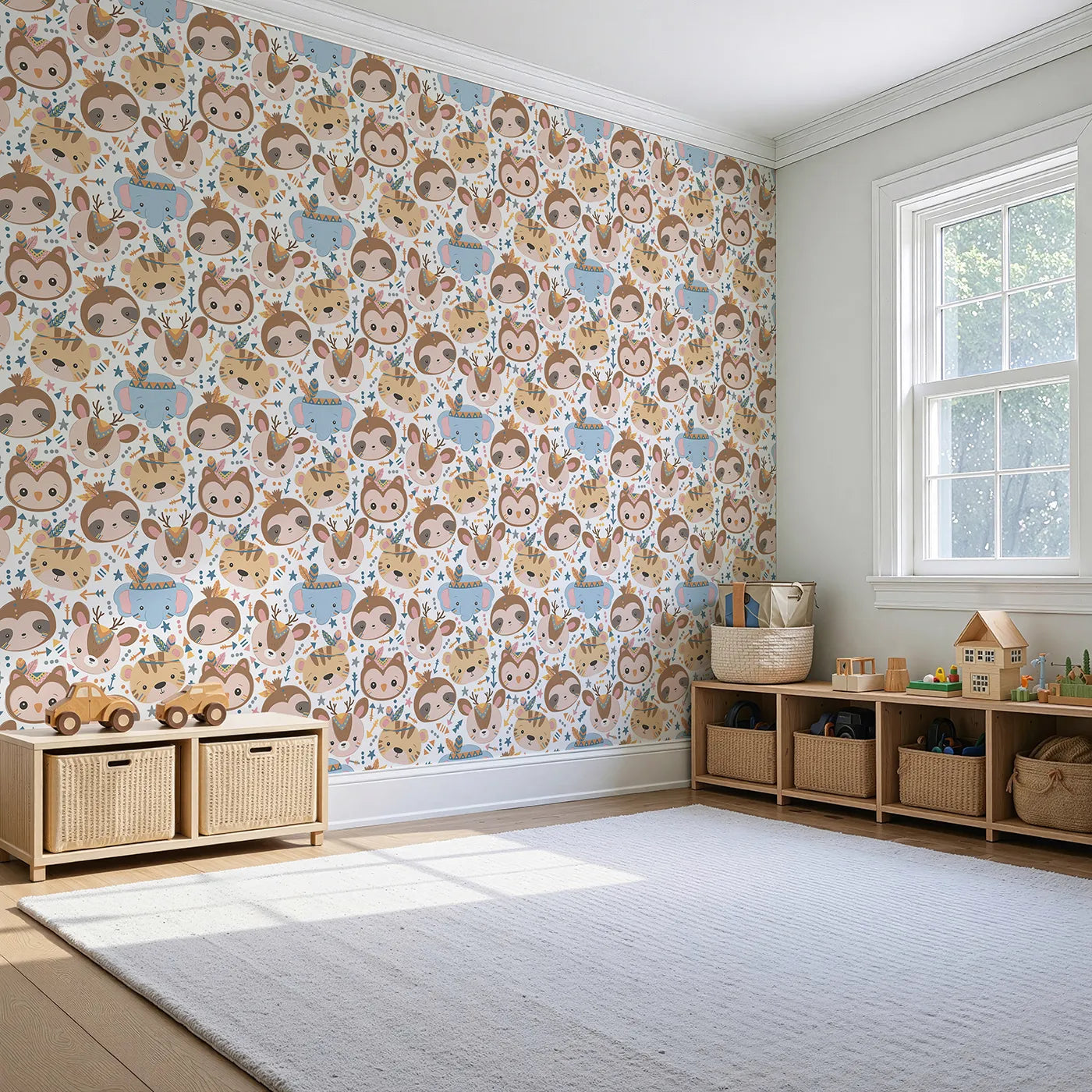 Angled view of Whimsy Tots' Wild Whimsy Tribe Wallpaper (W3012A).A joyful mix of animal faces, feathers, and arrows creates a world of wonder.