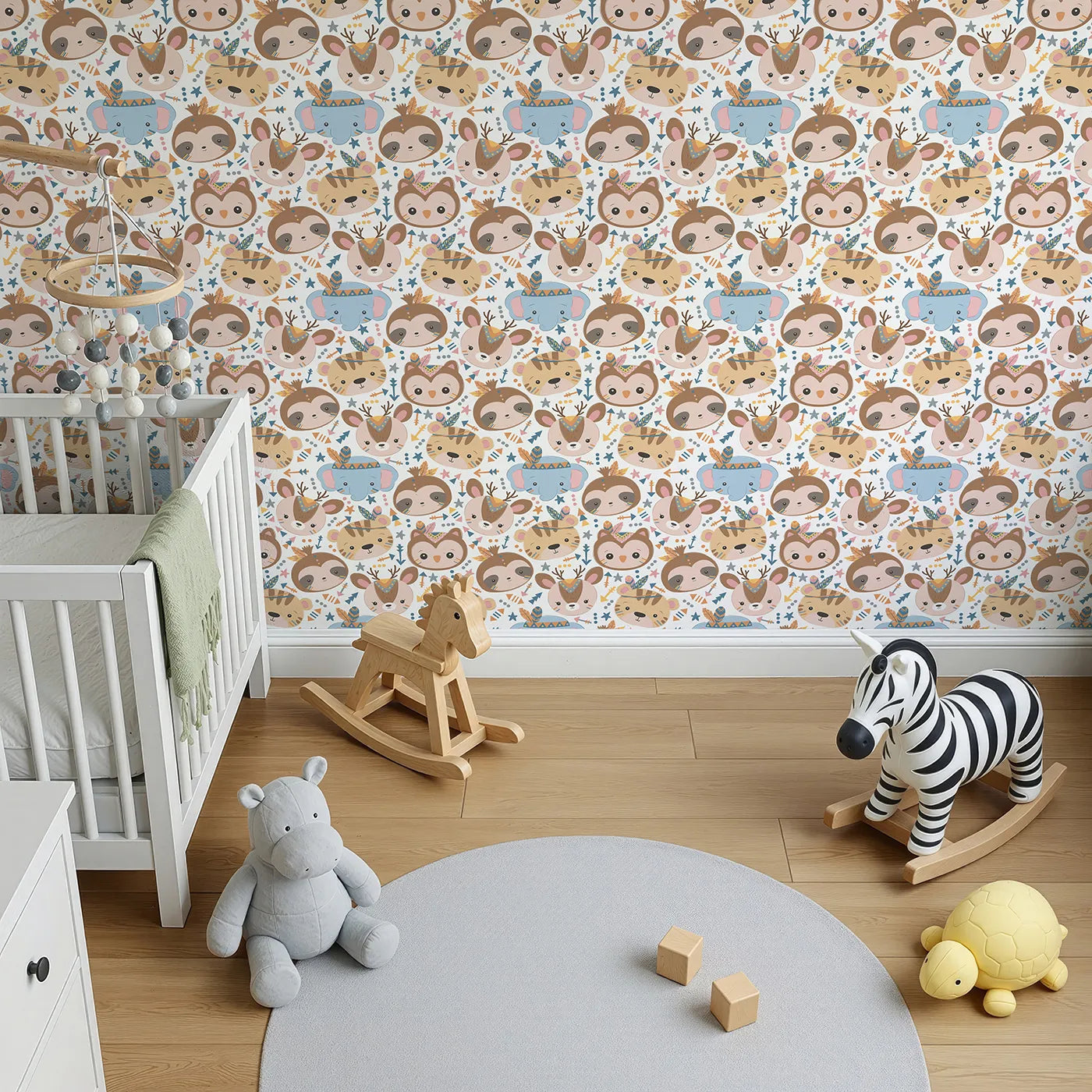 Top-Down view of Whimsy Tots' Wild Whimsy Tribe Wallpaper (W3012A).A joyful mix of animal faces, feathers, and arrows creates a world of wonder.