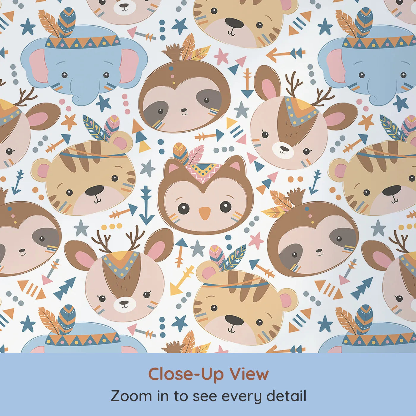 Close-up view of Whimsy Tots' Wild Whimsy Tribe Wallpaper (W3012A).A joyful mix of animal faces, feathers, and arrows creates a world of wonder.