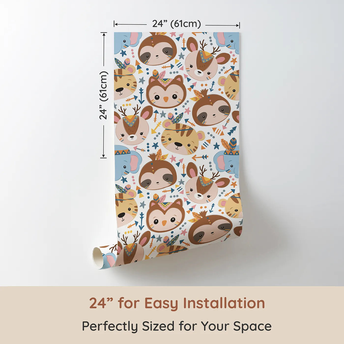 Dimension view of Whimsy Tots Wild Whimsy Tribe Wallpaper (W3012A). Printed in 24-inch-wide panel for easy installation. A joyful mix of animal faces, feathers, and arrows creates a world of wonder.