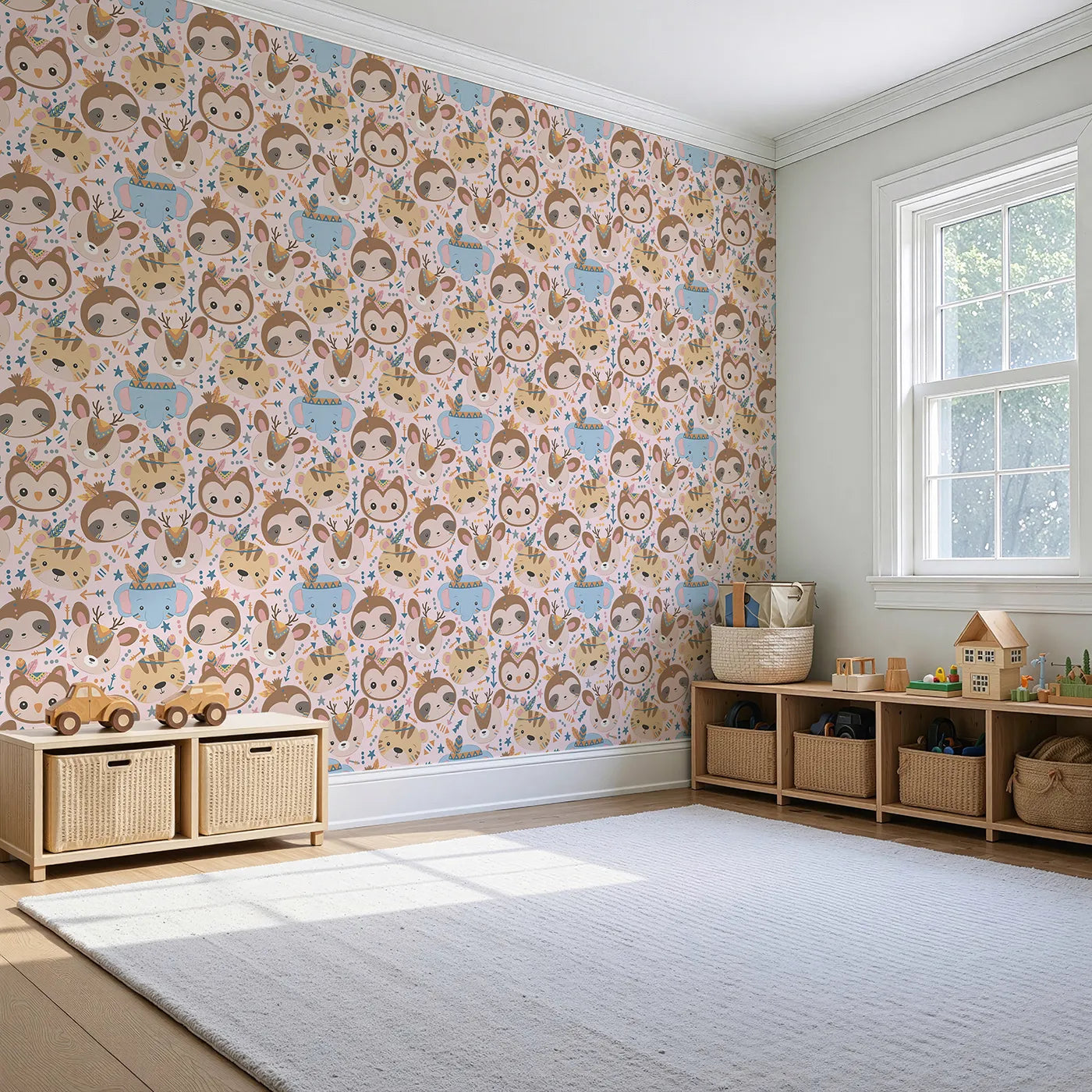 Angled view of Whimsy Tots' Wild Whimsy Tribe Wallpaper in Pink (W3012B).A joyful mix of animal faces, feathers, and arrows creates a world of wonder.