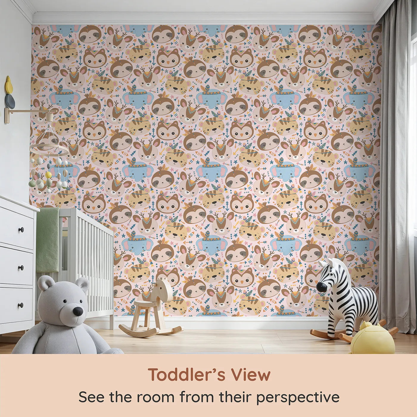 Whimsy Tots Wild Whimsy Tribe Wallpaper in Pink (W3012B) from your child's view.A joyful mix of animal faces, feathers, and arrows creates a world of wonder.