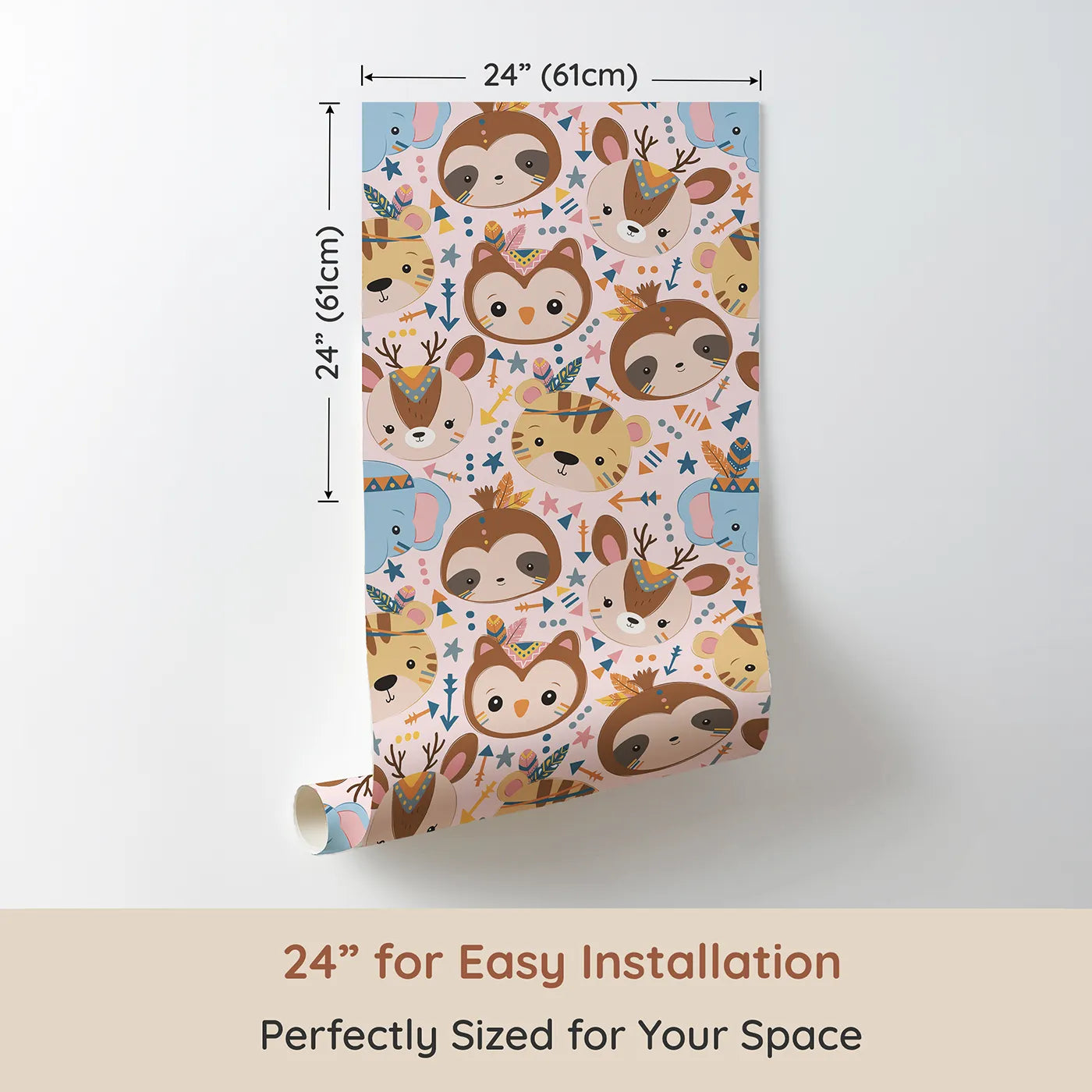 Dimension view of Whimsy Tots Wild Whimsy Tribe Wallpaper in Pink (W3012B). Printed in 24-inch-wide panel for easy installation. A joyful mix of animal faces, feathers, and arrows creates a world of wonder.