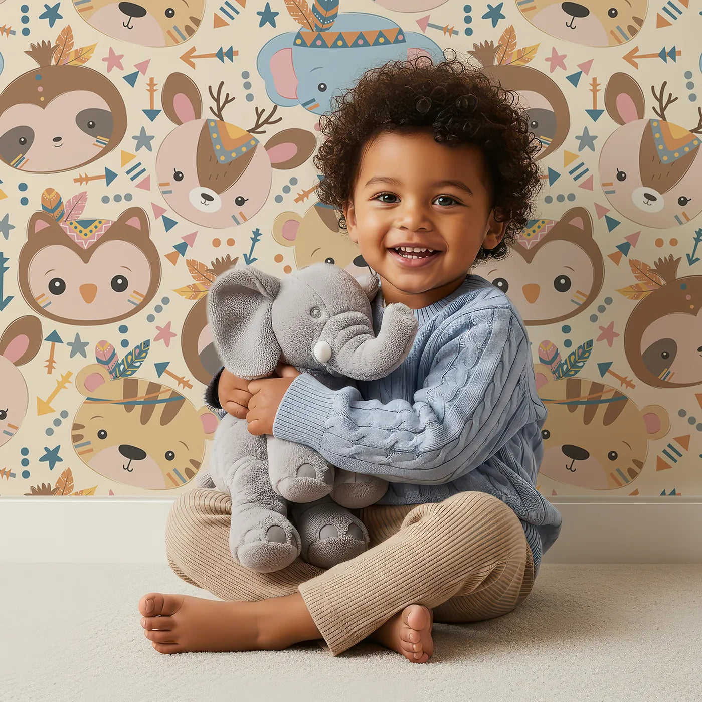 Lovely child standing in front of Whimsy Tots Wild Whimsy Tribe Wallpaper in Cream with bear, deer, elephant, tiger, owl, sloth, arrow, feather, star in design.