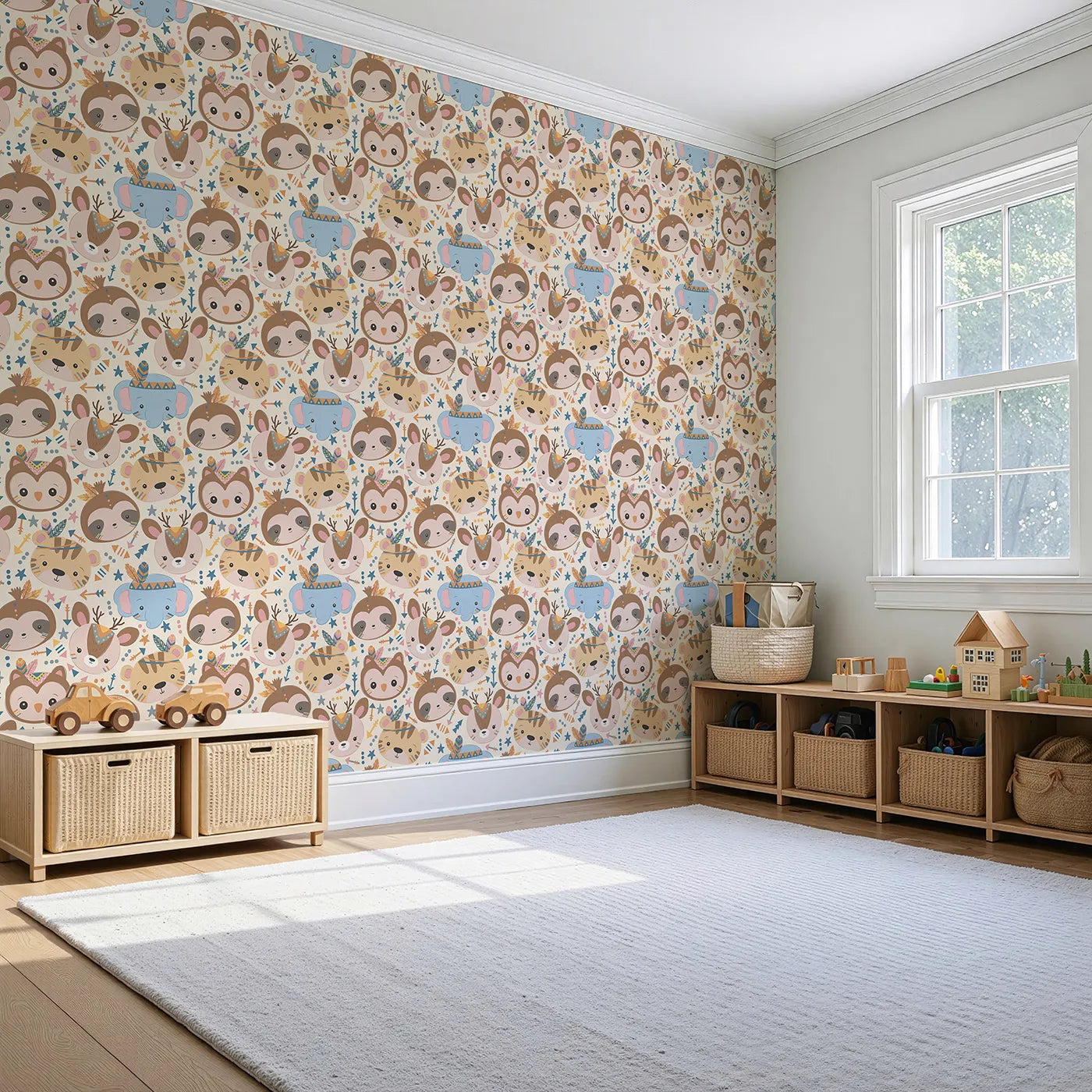 Angled view of Whimsy Tots' Wild Whimsy Tribe Wallpaper in Cream (W3012C).A joyful mix of animal faces, feathers, and arrows creates a world of wonder.