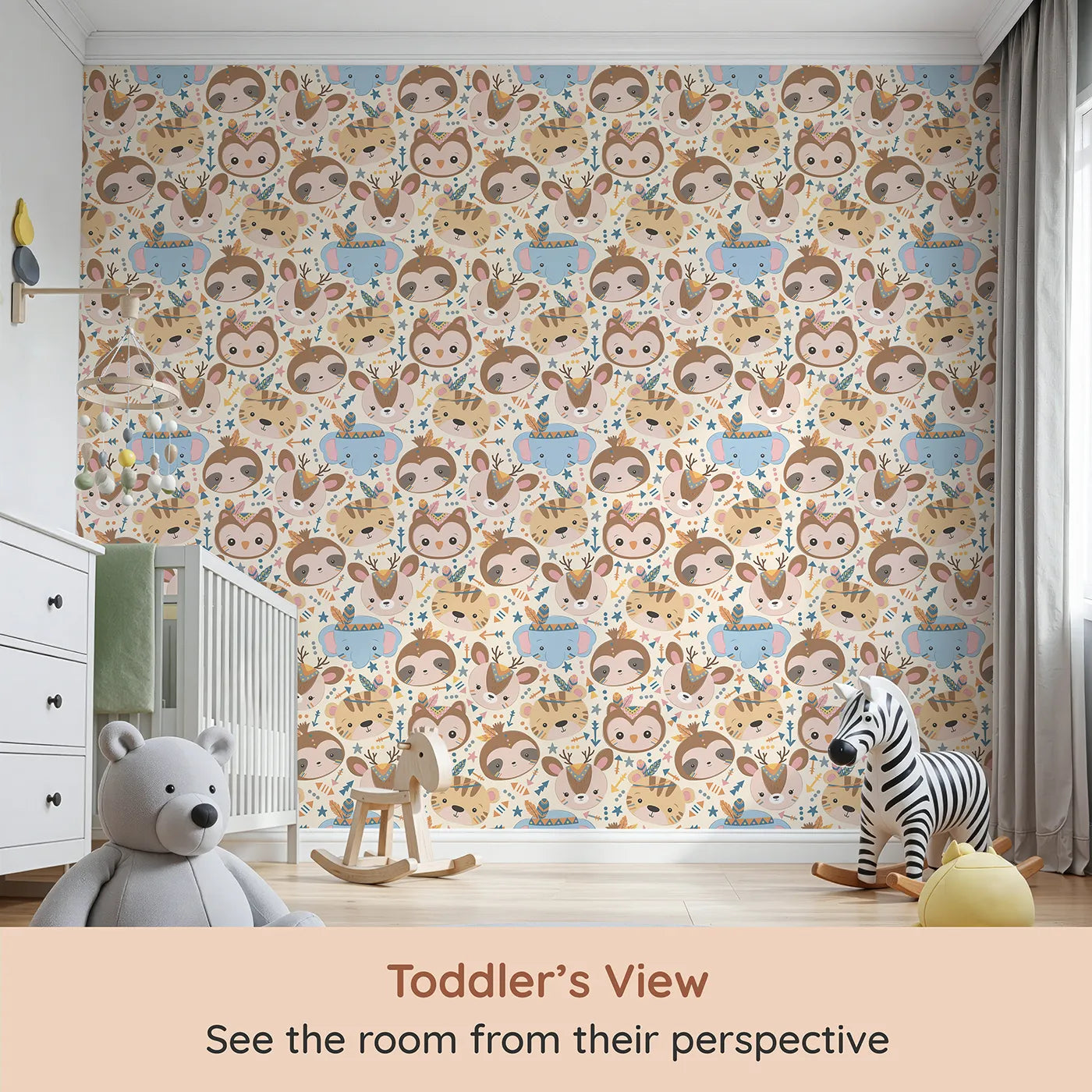 Whimsy Tots Wild Whimsy Tribe Wallpaper in Cream (W3012C) from your child's view.A joyful mix of animal faces, feathers, and arrows creates a world of wonder.