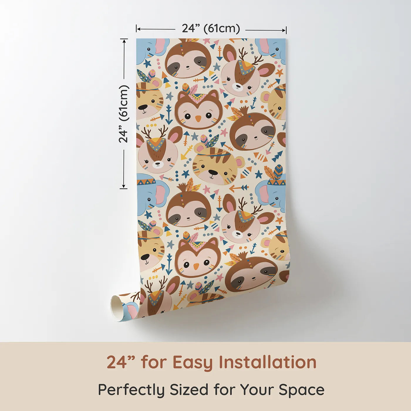 Dimension view of Whimsy Tots Wild Whimsy Tribe Wallpaper in Cream (W3012C). Printed in 24-inch-wide panel for easy installation. A joyful mix of animal faces, feathers, and arrows creates a world of wonder.