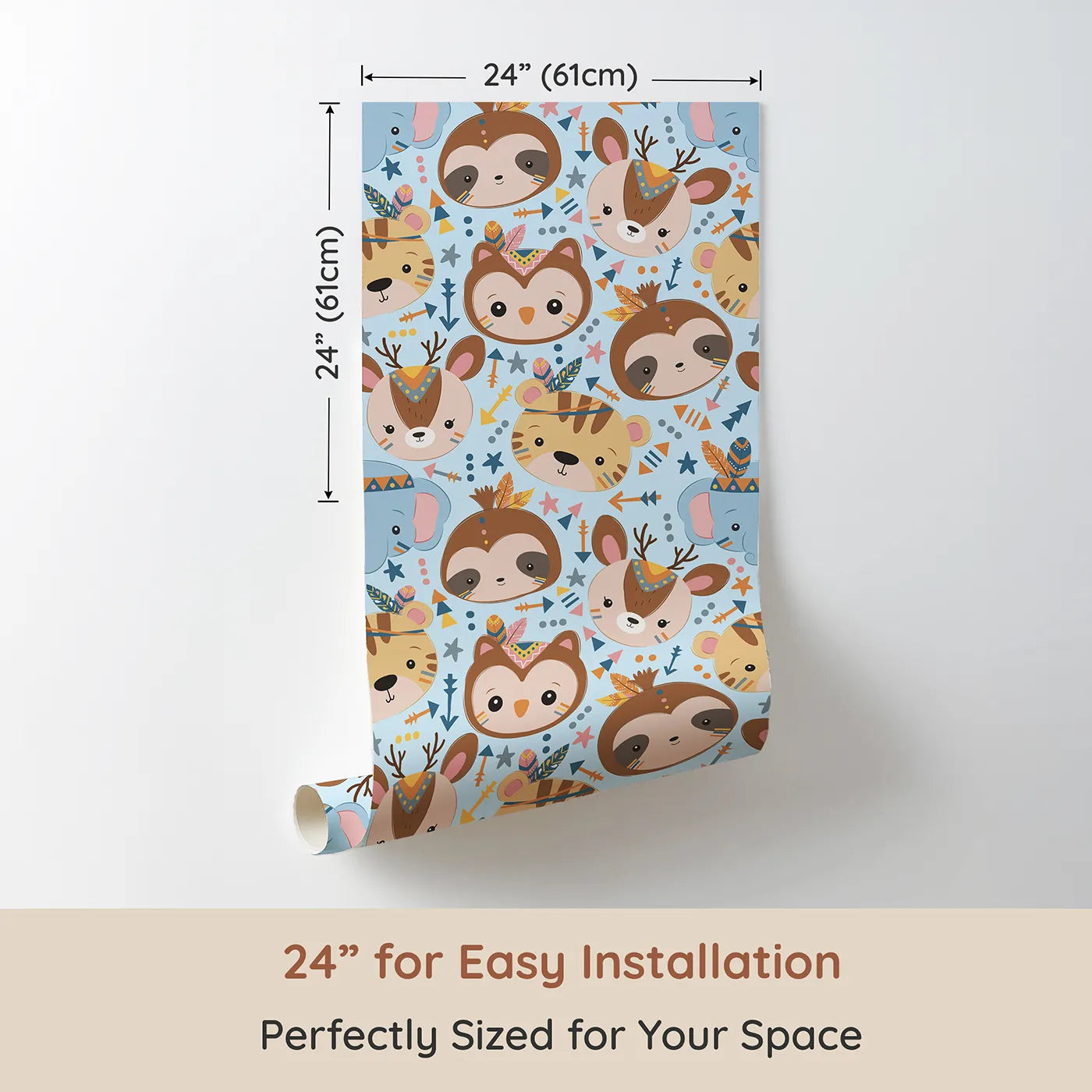 Dimension view of Whimsy Tots Wild Whimsy Tribe Wallpaper in Blue (W3012D). Printed in 24-inch-wide panel for easy installation. A joyful mix of animal faces, feathers, and arrows creates a world of wonder.