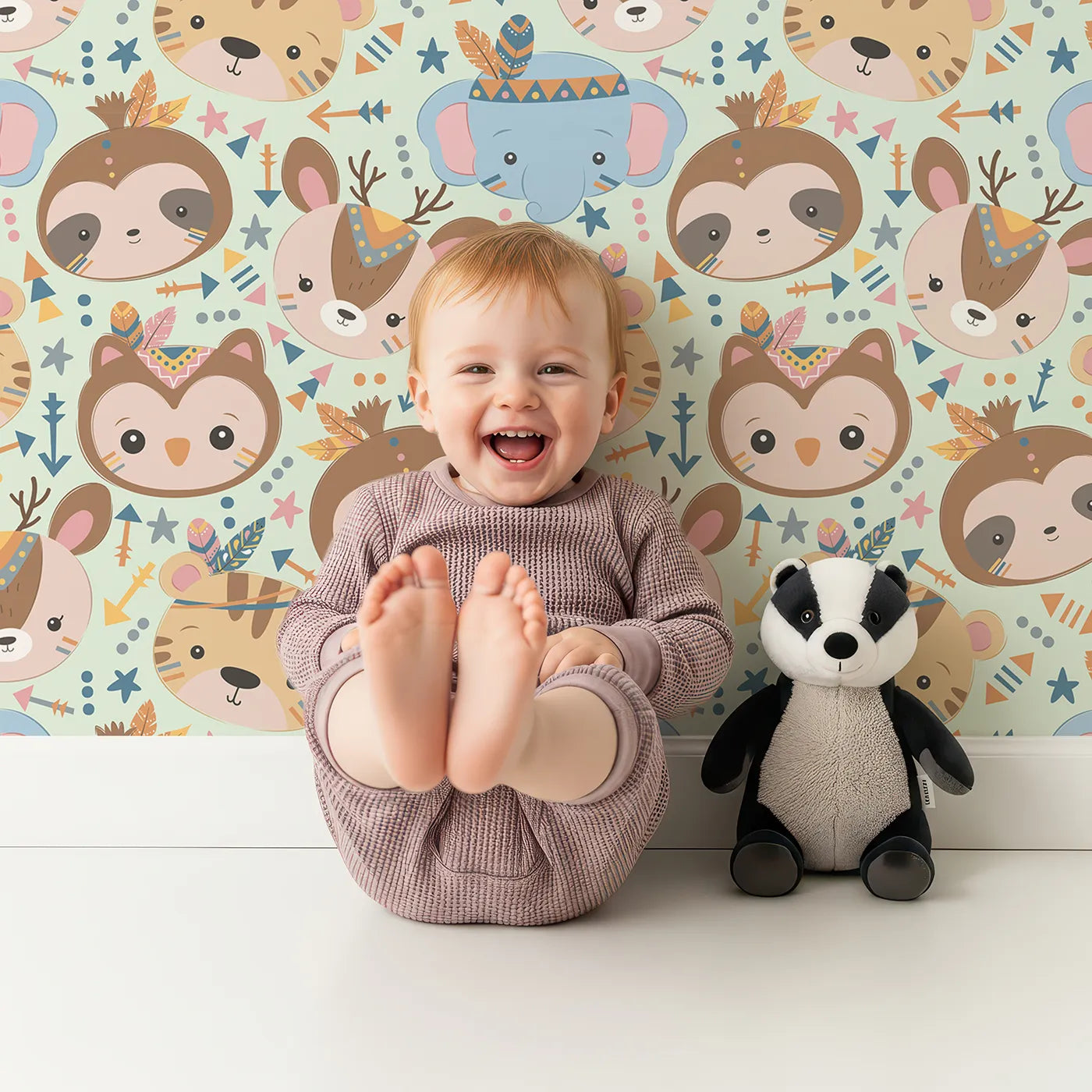 Lovely child standing in front of Whimsy Tots Wild Whimsy Tribe Wallpaper in Mint Green with bear, deer, elephant, tiger, owl, sloth, arrow, feather, star in design.