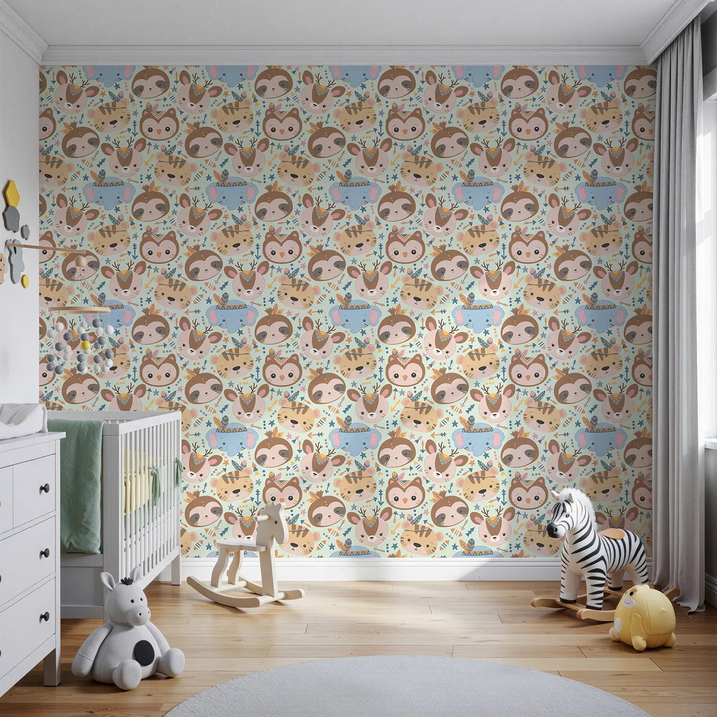 Front view of Whimsy Tots' Wild Whimsy Tribe Wallpaper in Mint Green