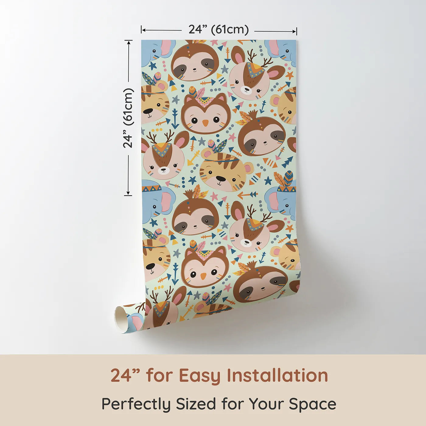 Dimension view of Whimsy Tots Wild Whimsy Tribe Wallpaper in Mint Green (W3012E). Printed in 24-inch-wide panel for easy installation. A joyful mix of animal faces, feathers, and arrows creates a world of wonder.