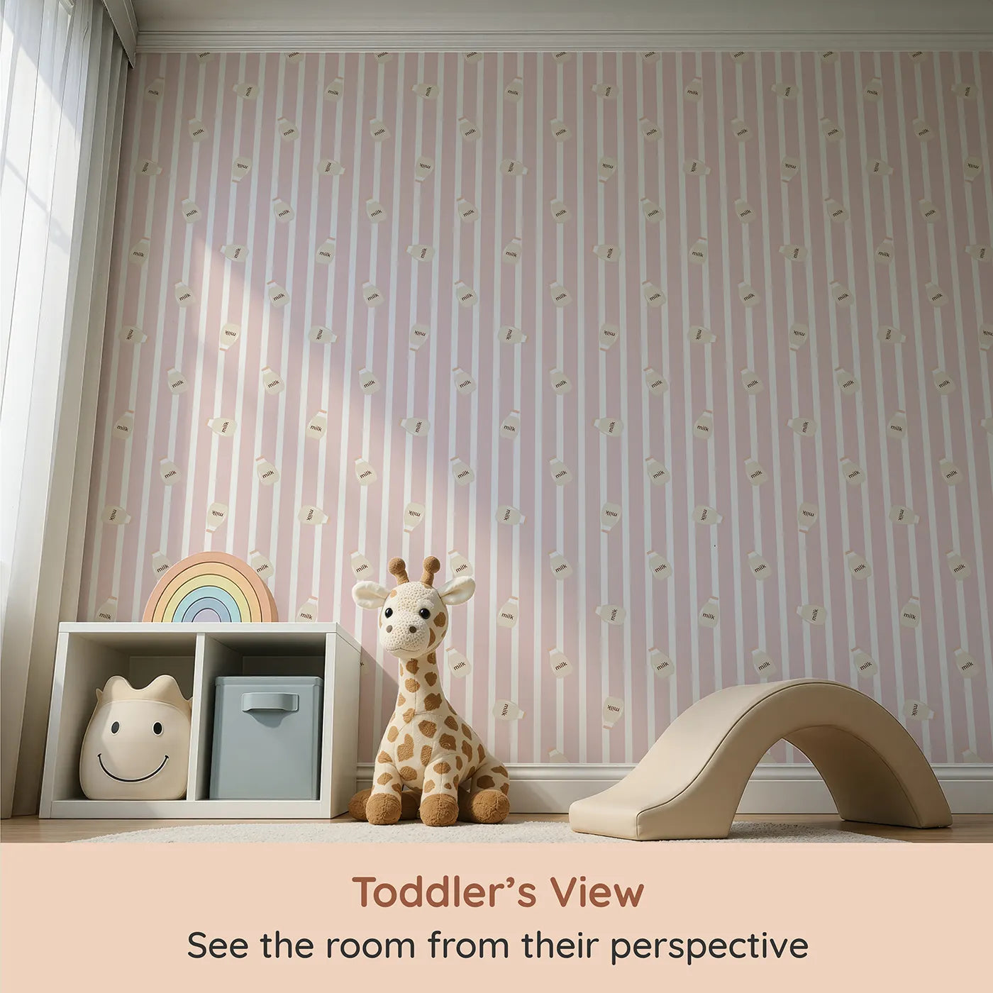 Whimsy Tots Milky Morning Stripes Wallpaper in Pink (W3013A) from your child's view.Gentle stripes and playful milk bottles bring cozy charm to every corner.