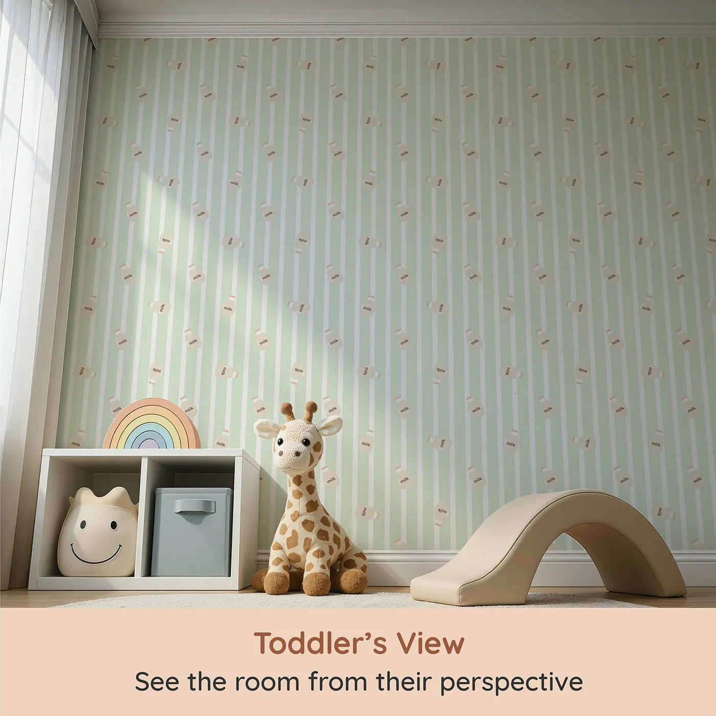 Whimsy Tots Milky Morning Stripes Wallpaper in Mint Green (W3013C) from your child's view.Gentle stripes and playful milk bottles bring cozy charm to every corner.