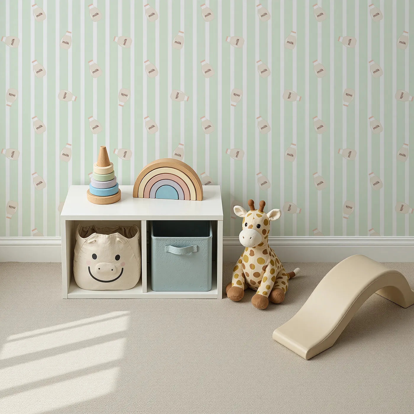 Top-Down view of Whimsy Tots' Milky Morning Stripes Wallpaper in Mint Green (W3013C).Gentle stripes and playful milk bottles bring cozy charm to every corner.