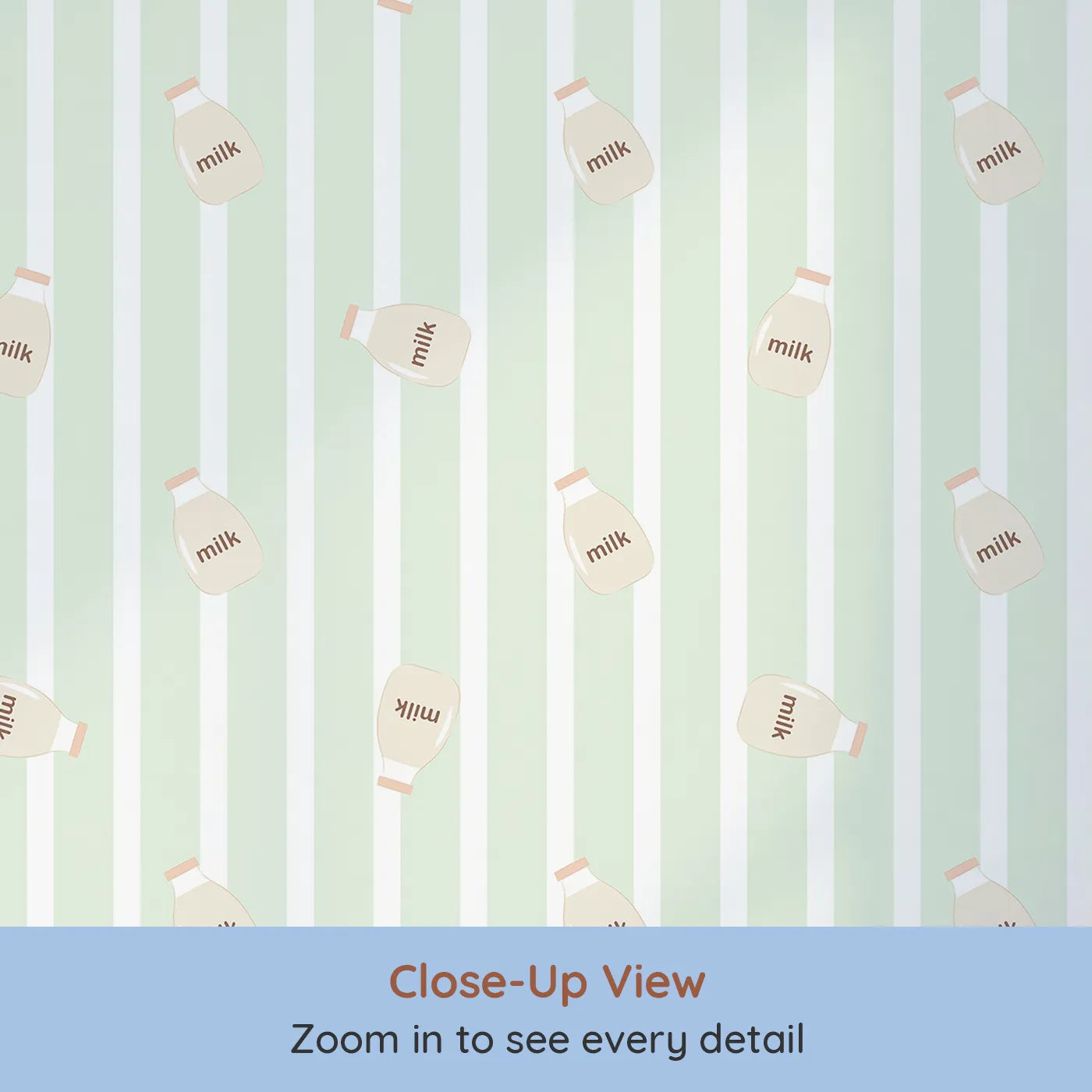 Close-up view of Whimsy Tots' Milky Morning Stripes Wallpaper in Mint Green (W3013C).Gentle stripes and playful milk bottles bring cozy charm to every corner.