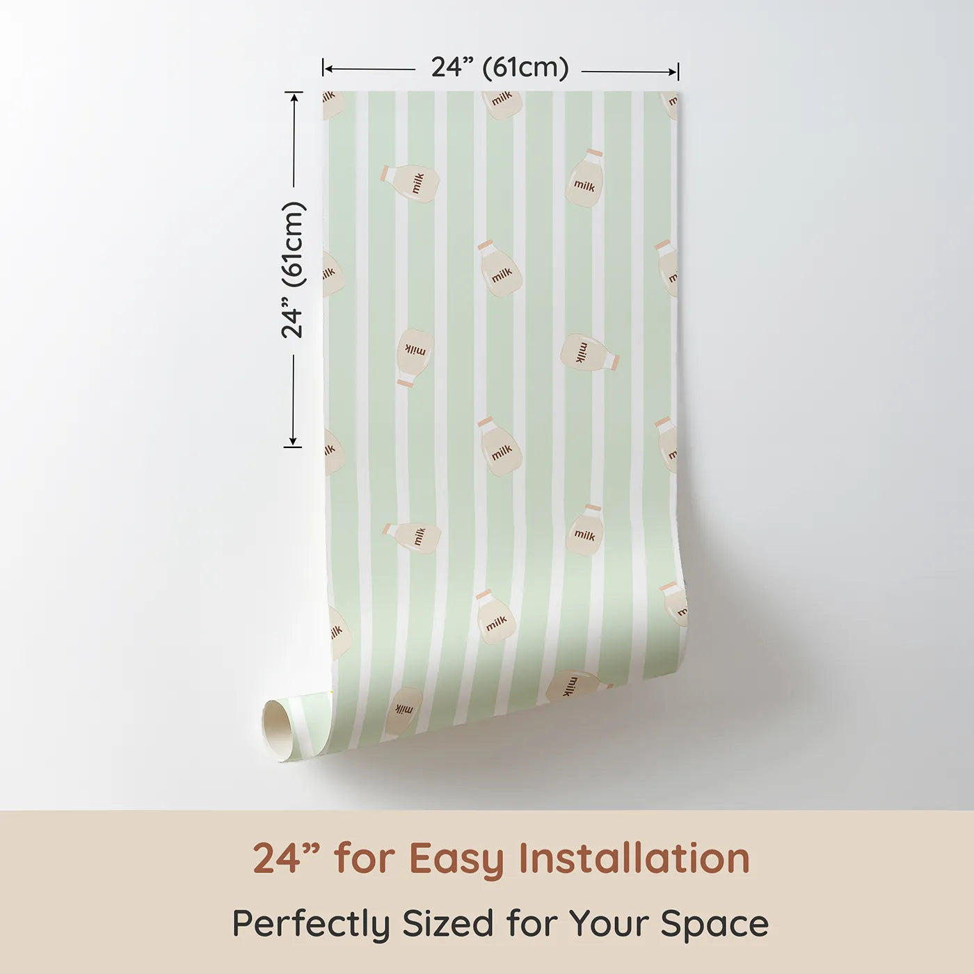 Dimension view of Whimsy Tots Milky Morning Stripes Wallpaper in Mint Green (W3013C). Printed in 24-inch-wide panel for easy installation. Gentle stripes and playful milk bottles bring cozy charm to every corner.