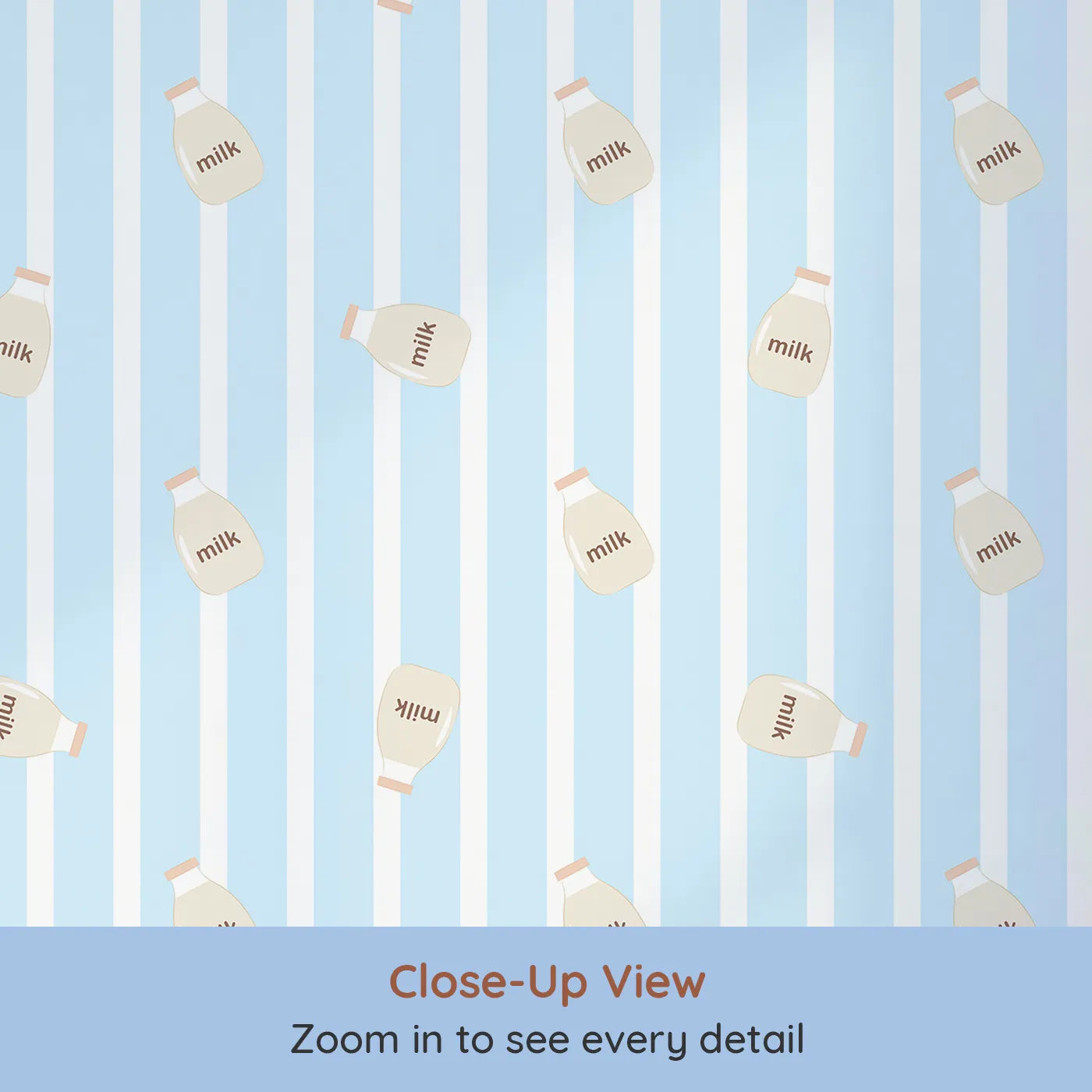 Close-up view of Whimsy Tots' Milky Morning Stripes Wallpaper in Blue (W3013D).Gentle stripes and playful milk bottles bring cozy charm to every corner.