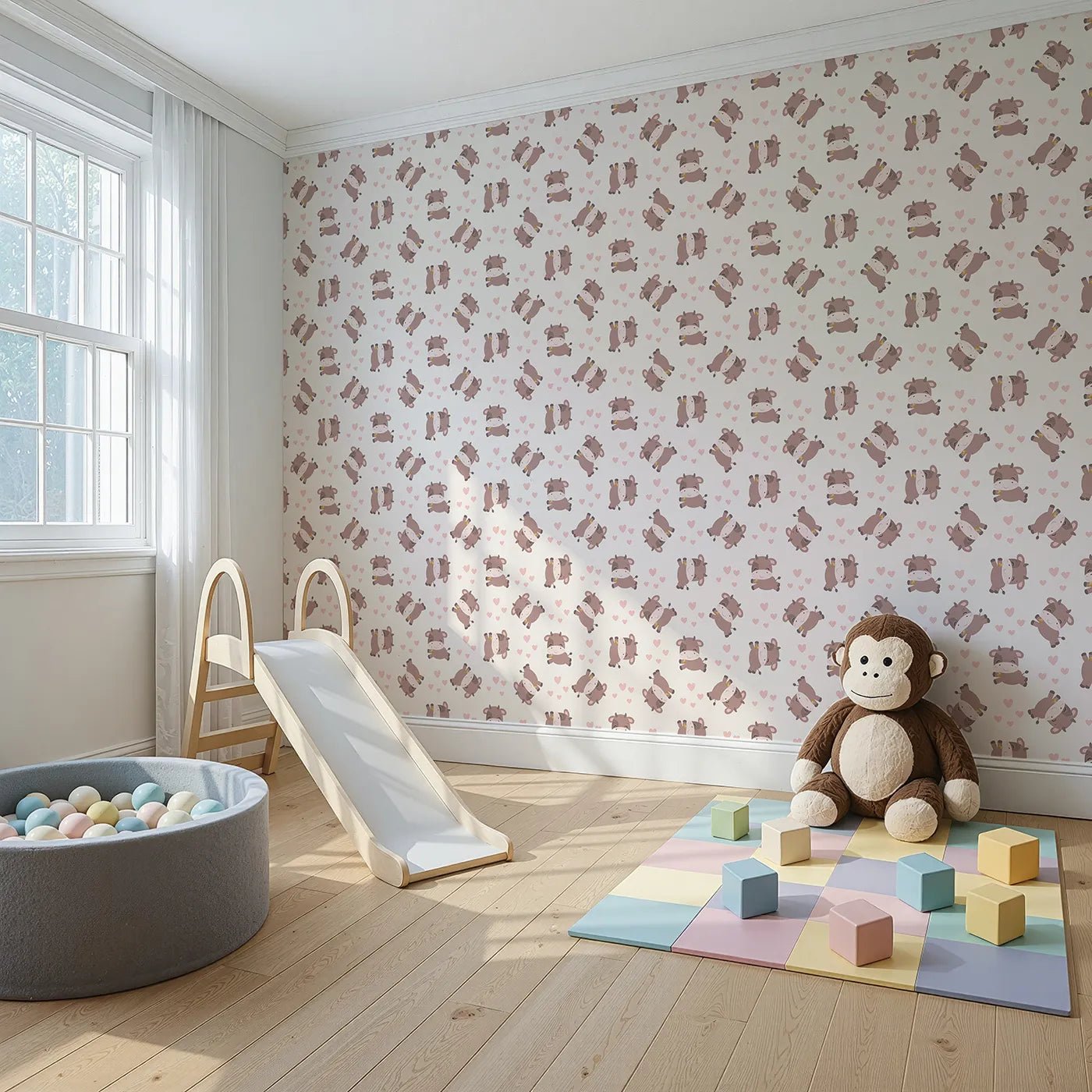 Angled view of Whimsy Tots' Moo Moo Love Wallpaper in Cream (W3014A).Adorable cows and floating hearts bring sweet smiles to every wall.