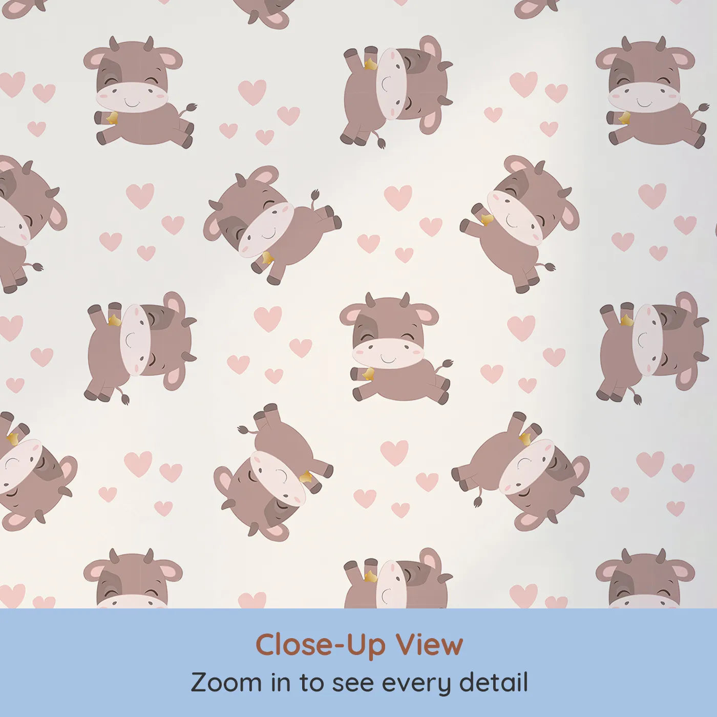 Close-up view of Whimsy Tots' Moo Moo Love Wallpaper in Cream (W3014A).Adorable cows and floating hearts bring sweet smiles to every wall.