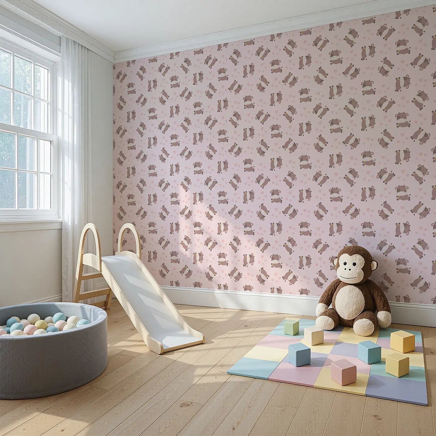 Angled view of Whimsy Tots' Moo Moo Love Wallpaper in Pink (W3014B).Adorable cows and floating hearts bring sweet smiles to every wall.