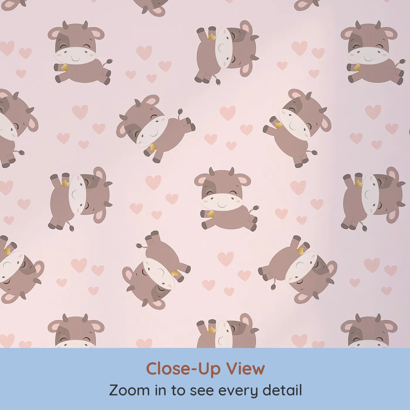 Close-up view of Whimsy Tots' Moo Moo Love Wallpaper in Pink (W3014B).Adorable cows and floating hearts bring sweet smiles to every wall.