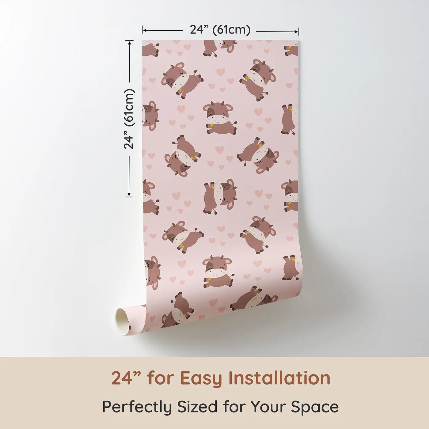 Dimension view of Whimsy Tots Moo Moo Love Wallpaper in Pink (W3014B). Printed in 24-inch-wide panel for easy installation. Adorable cows and floating hearts bring sweet smiles to every wall.