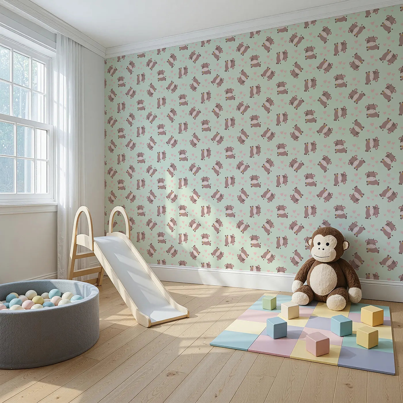 Angled view of Whimsy Tots' Moo Moo Love Wallpaper in Mint Green (W3014C).Adorable cows and floating hearts bring sweet smiles to every wall.