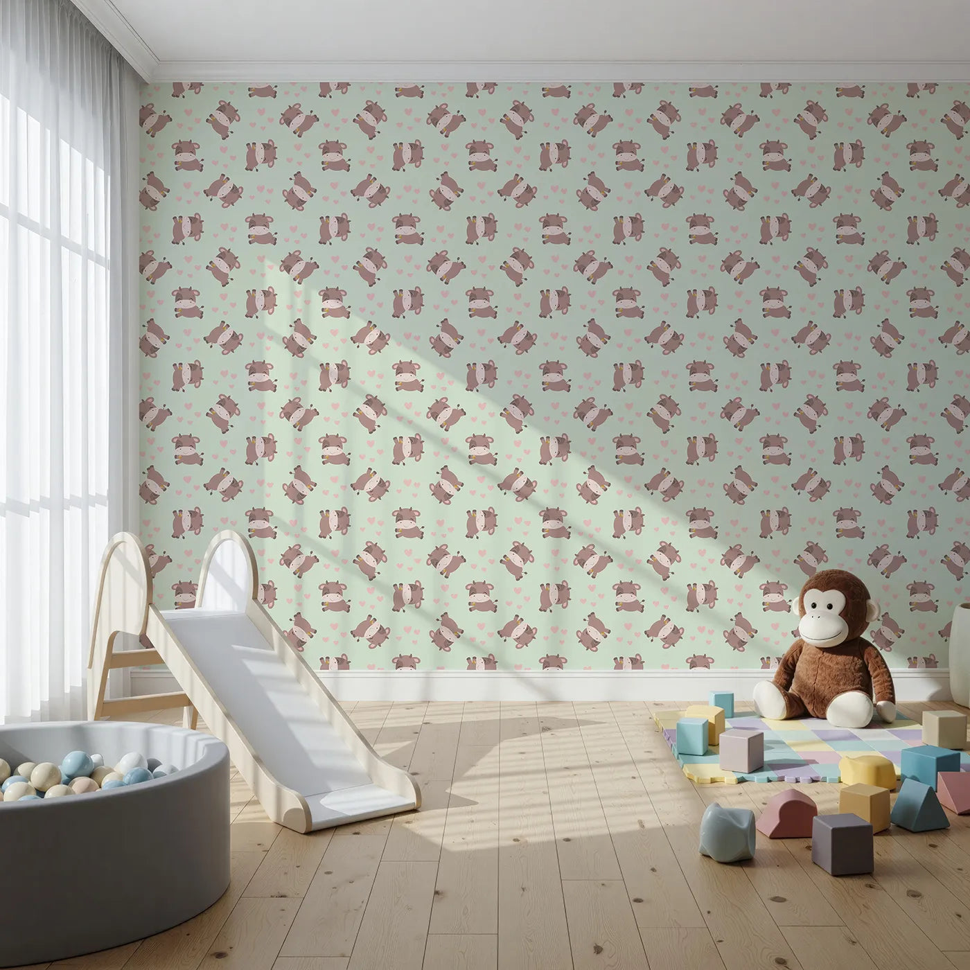 Front view of Whimsy Tots' Moo Moo Love Wallpaper in Mint Green