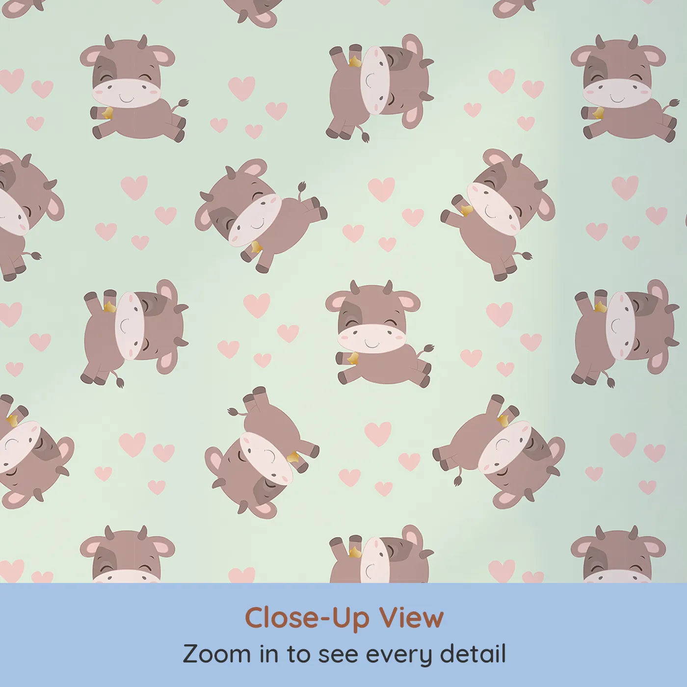 Close-up view of Whimsy Tots' Moo Moo Love Wallpaper in Mint Green (W3014C).Adorable cows and floating hearts bring sweet smiles to every wall.