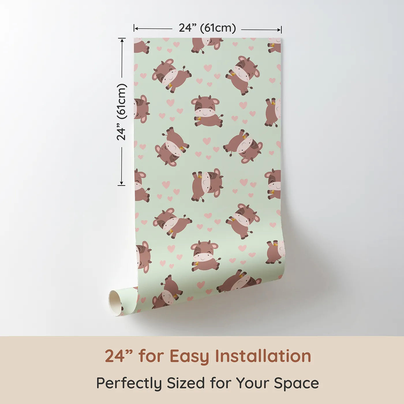 Dimension view of Whimsy Tots Moo Moo Love Wallpaper in Mint Green (W3014C). Printed in 24-inch-wide panel for easy installation. Adorable cows and floating hearts bring sweet smiles to every wall.