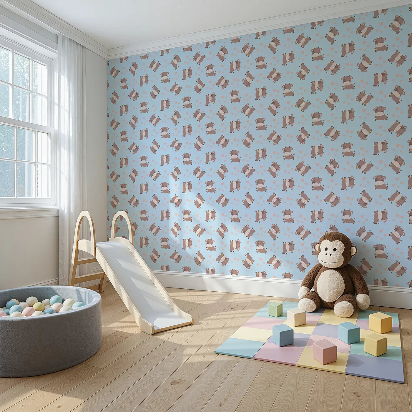 Angled view of Whimsy Tots' Moo Moo Love Wallpaper in Blue (W3014D).Adorable cows and floating hearts bring sweet smiles to every wall.