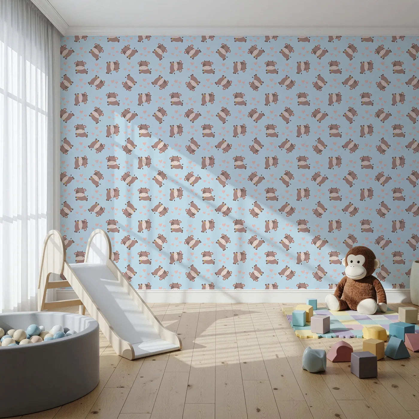 Front view of Whimsy Tots' Moo Moo Love Wallpaper in Blue