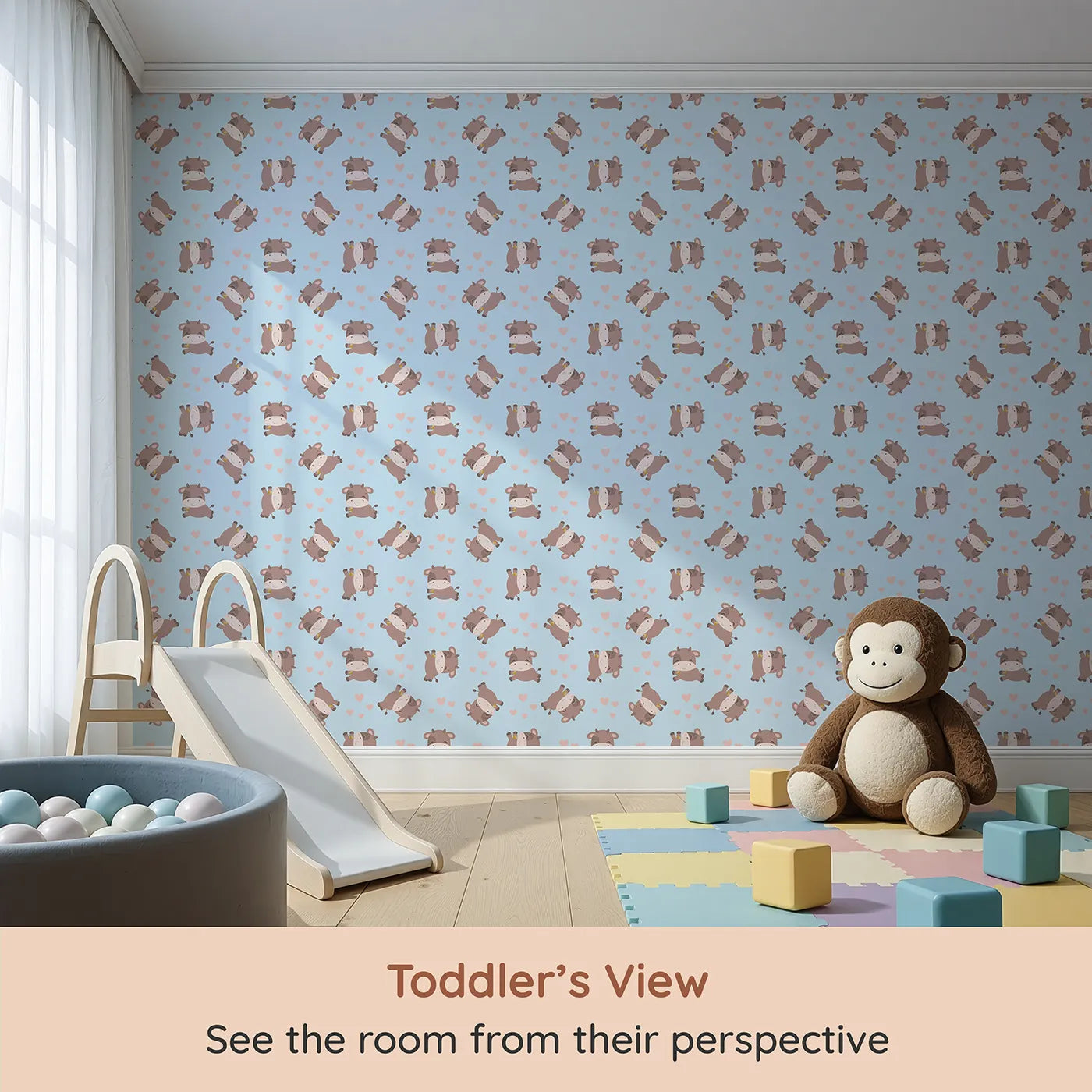Whimsy Tots Moo Moo Love Wallpaper in Blue (W3014D) from your child's view.Adorable cows and floating hearts bring sweet smiles to every wall.