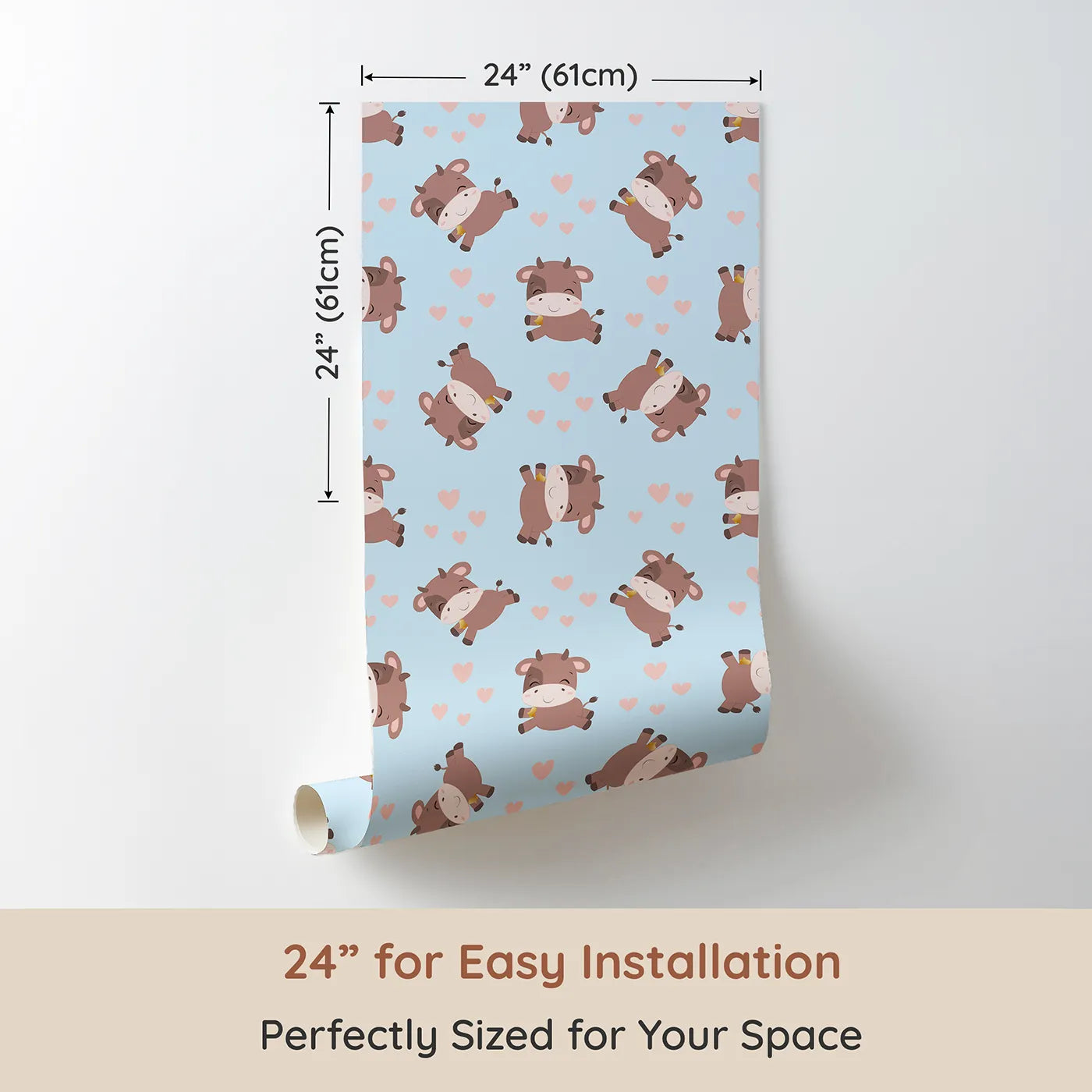 Dimension view of Whimsy Tots Moo Moo Love Wallpaper in Blue (W3014D). Printed in 24-inch-wide panel for easy installation. Adorable cows and floating hearts bring sweet smiles to every wall.