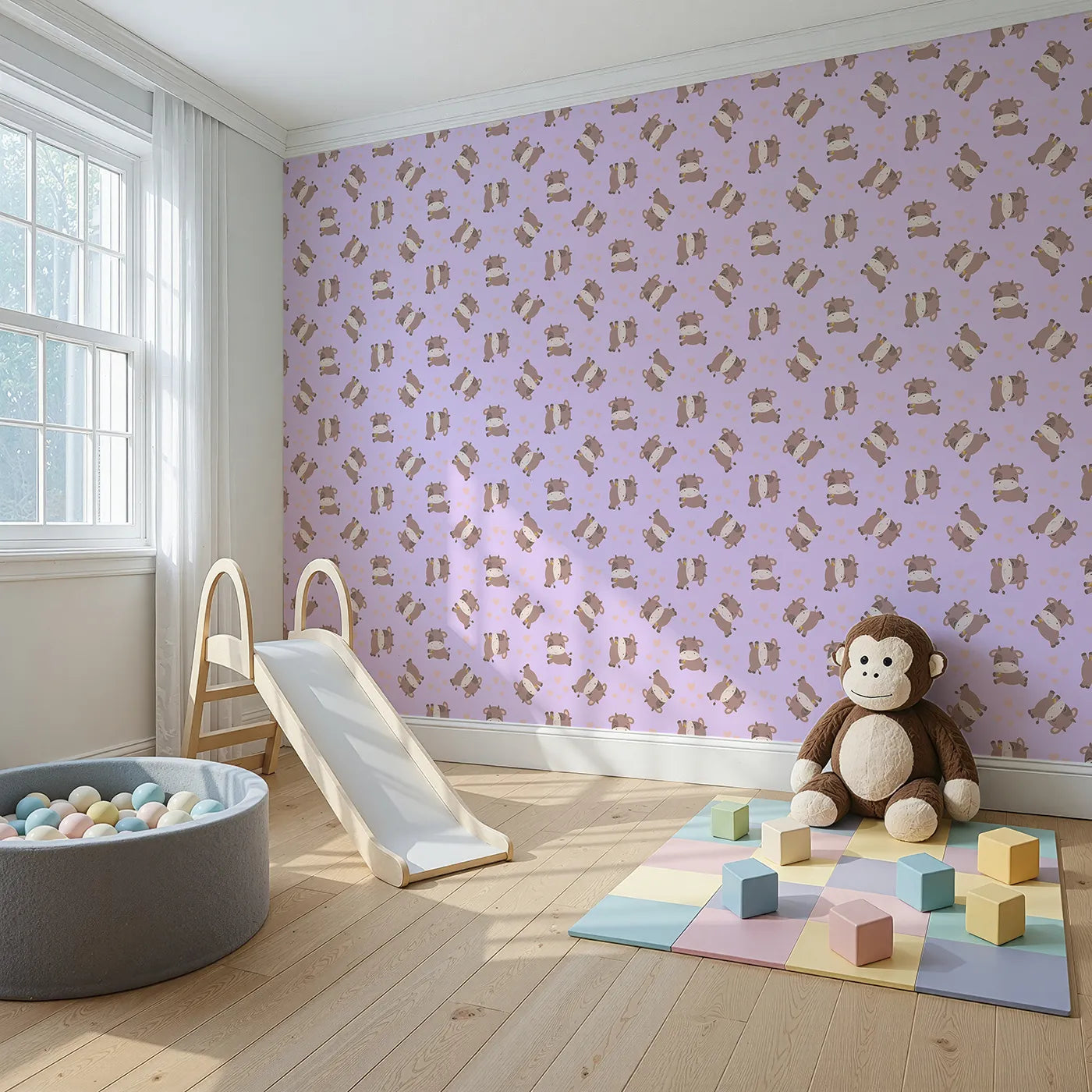 Angled view of Whimsy Tots' Moo Moo Love Wallpaper in Purple (W3014E).Adorable cows and floating hearts bring sweet smiles to every wall.