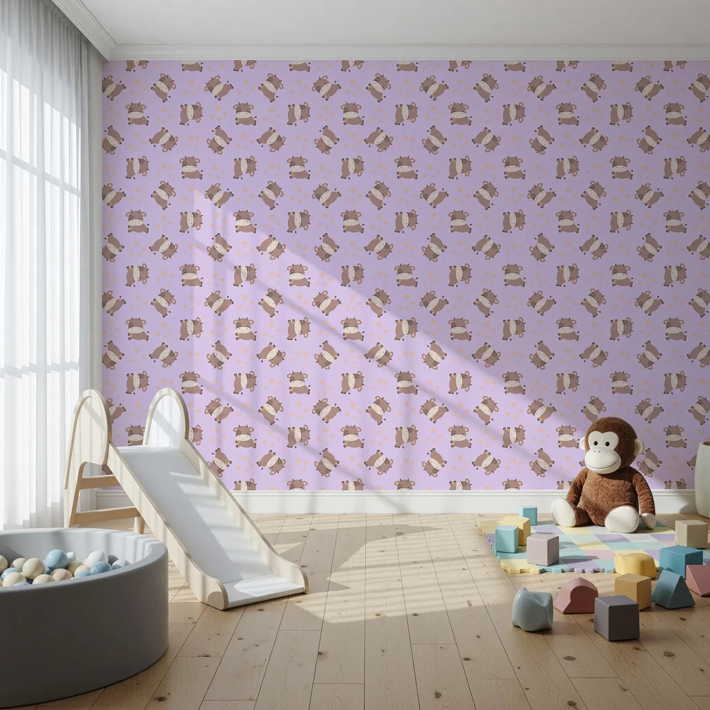 Front view of Whimsy Tots' Moo Moo Love Wallpaper in Purple