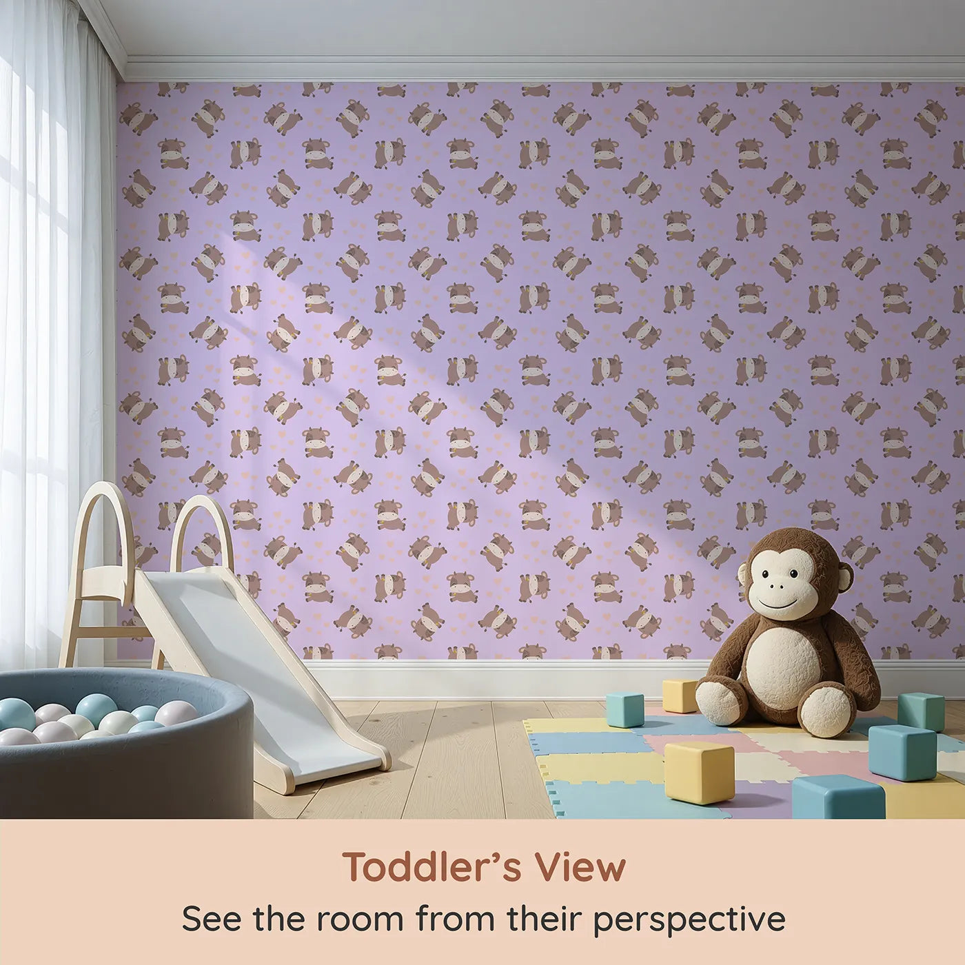 Whimsy Tots Moo Moo Love Wallpaper in Purple (W3014E) from your child's view.Adorable cows and floating hearts bring sweet smiles to every wall.