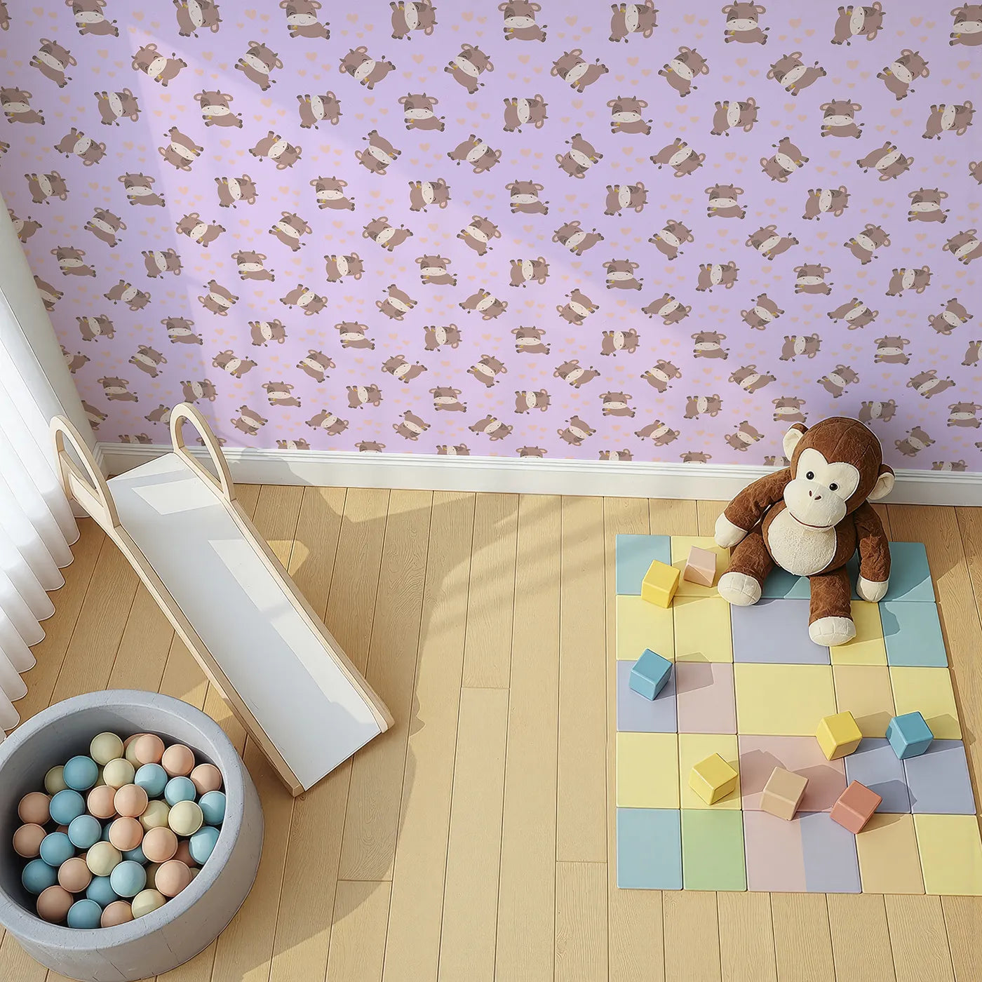 Top-Down view of Whimsy Tots' Moo Moo Love Wallpaper in Purple (W3014E).Adorable cows and floating hearts bring sweet smiles to every wall.