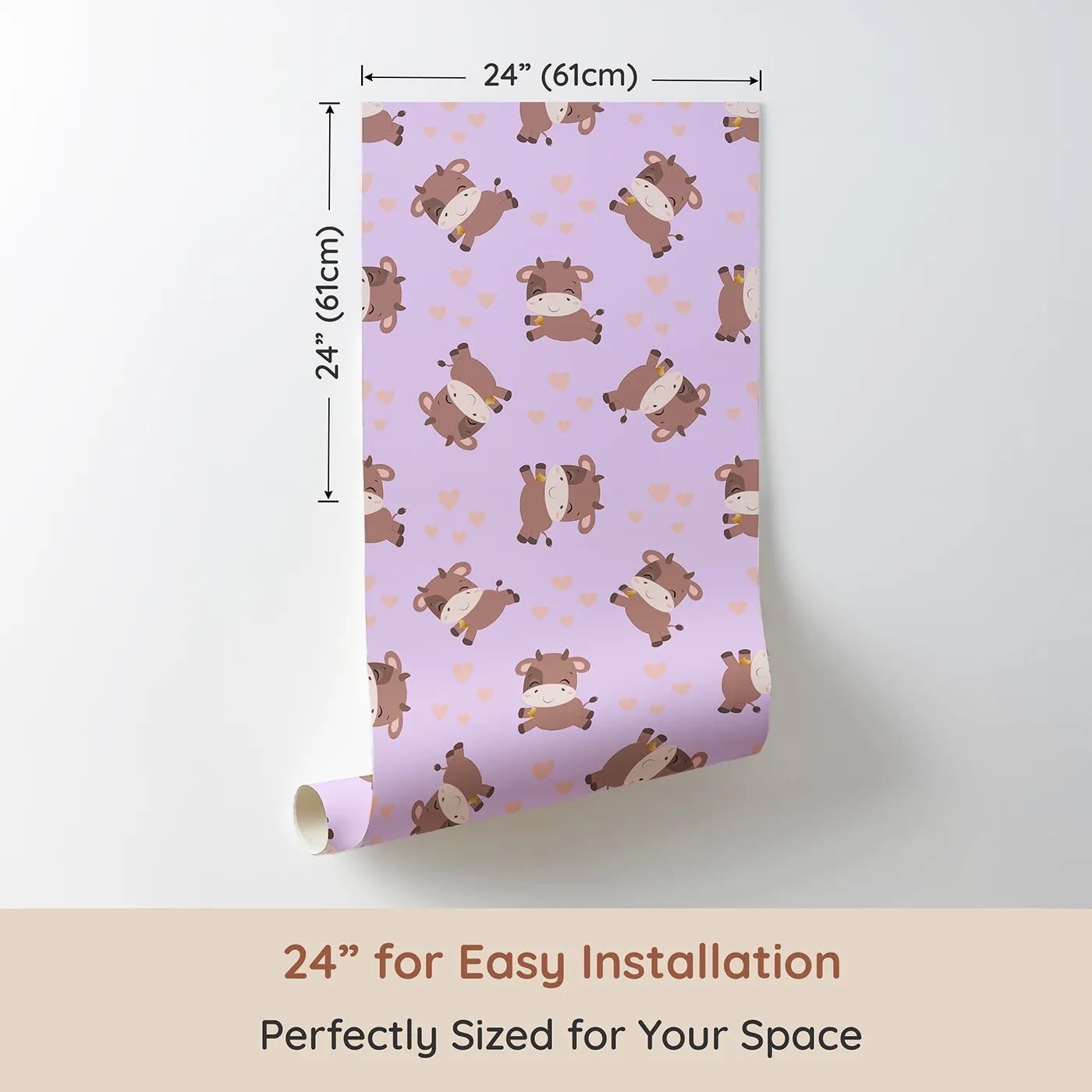 Dimension view of Whimsy Tots Moo Moo Love Wallpaper in Purple (W3014E). Printed in 24-inch-wide panel for easy installation. Adorable cows and floating hearts bring sweet smiles to every wall.