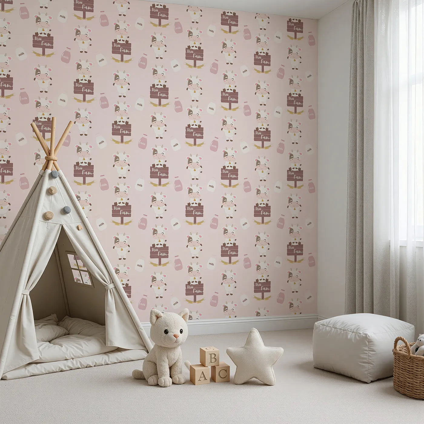 Angled view of Whimsy Tots' Moo Farm Friends Wallpaper in Pink (W3015A).Smiling cows, milk bottles, and farm signs make every wall a playful delight.
