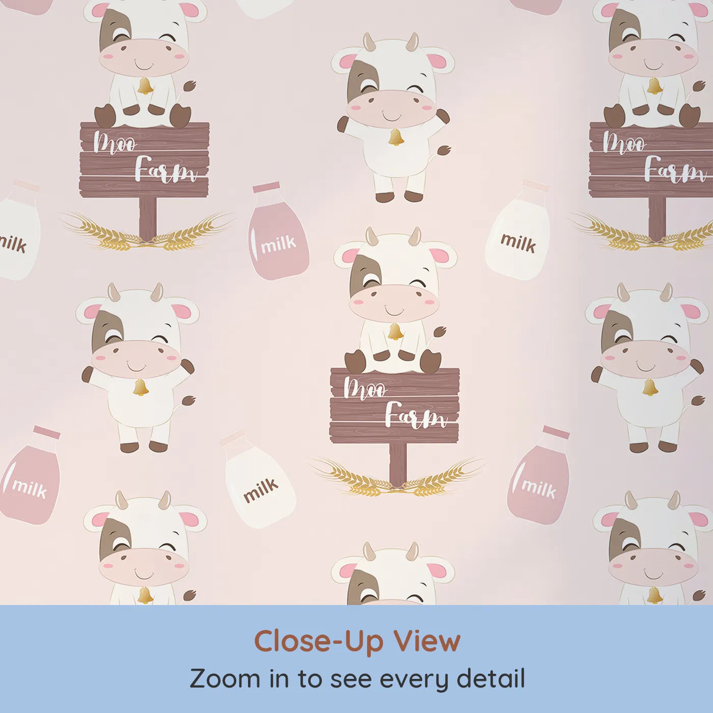 Close-up view of Whimsy Tots' Moo Farm Friends Wallpaper in Pink (W3015A).Smiling cows, milk bottles, and farm signs make every wall a playful delight.