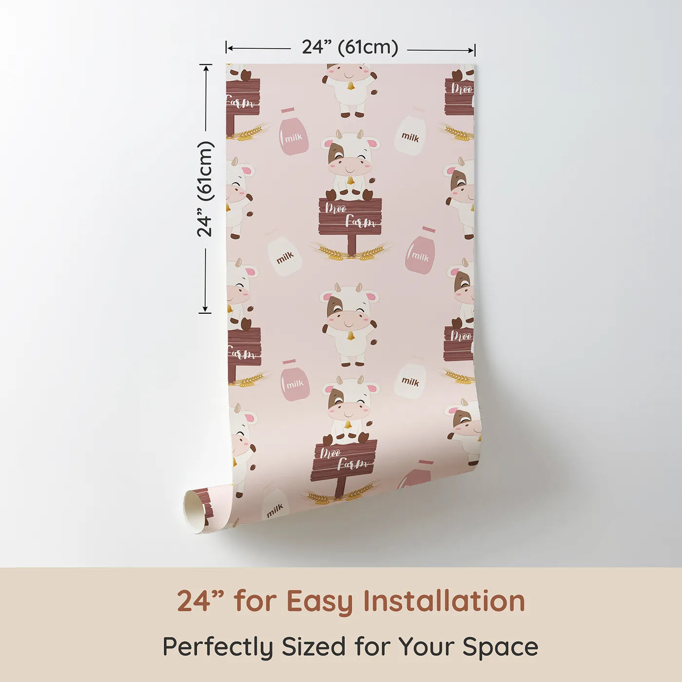 Dimension view of Whimsy Tots Moo Farm Friends Wallpaper in Pink (W3015A). Printed in 24-inch-wide panel for easy installation. Smiling cows, milk bottles, and farm signs make every wall a playful delight.