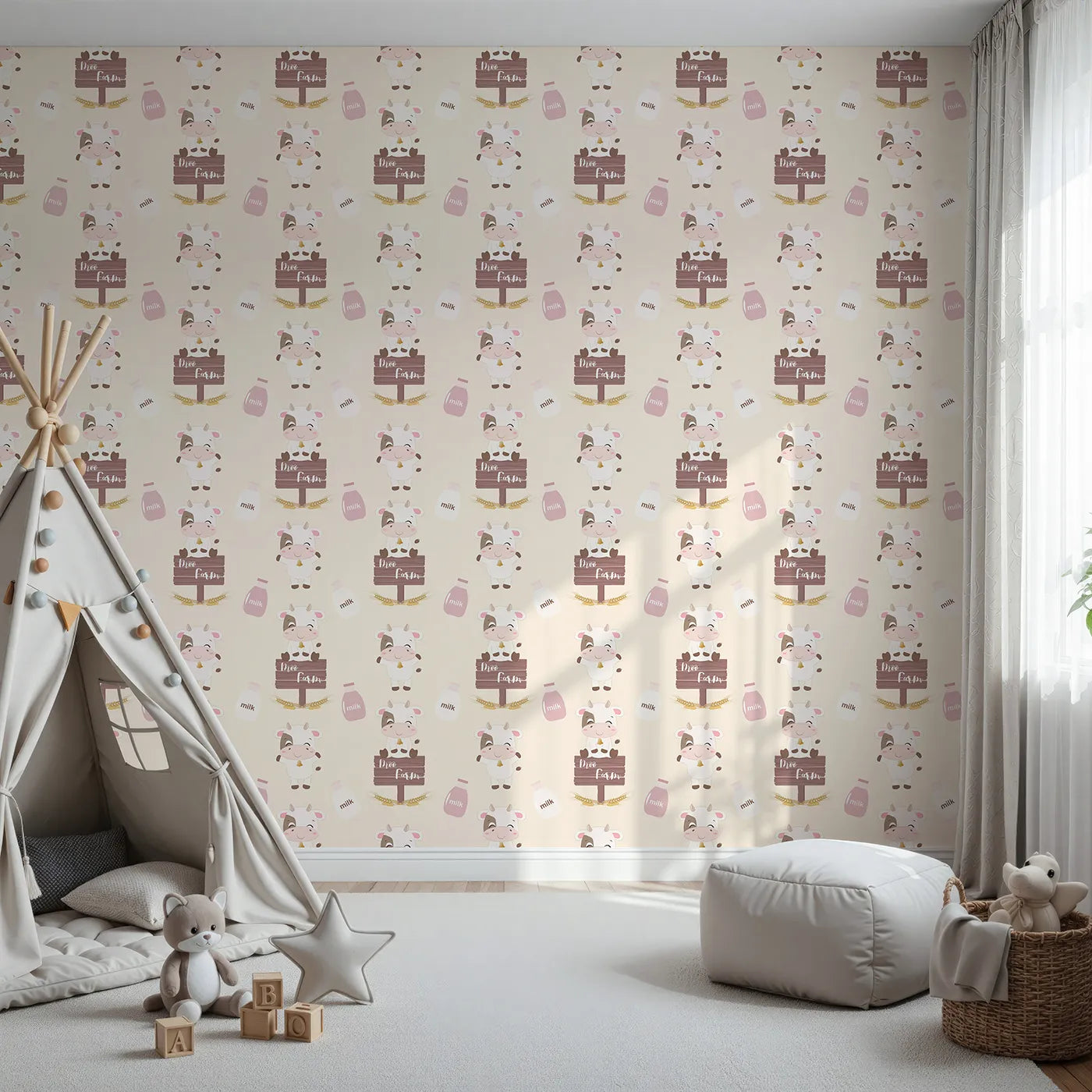 Front view of Whimsy Tots' Moo Farm Friends Wallpaper in Cream