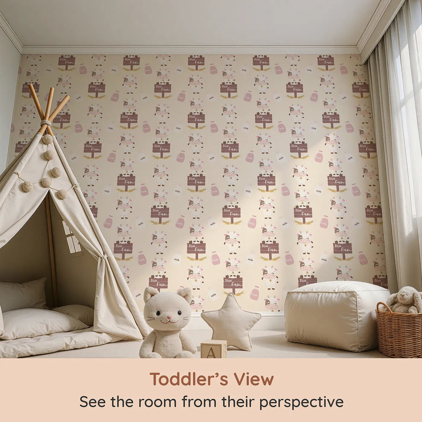 Whimsy Tots Moo Farm Friends Wallpaper in Cream (W3015B) from your child's view.Smiling cows, milk bottles, and farm signs make every wall a playful delight.