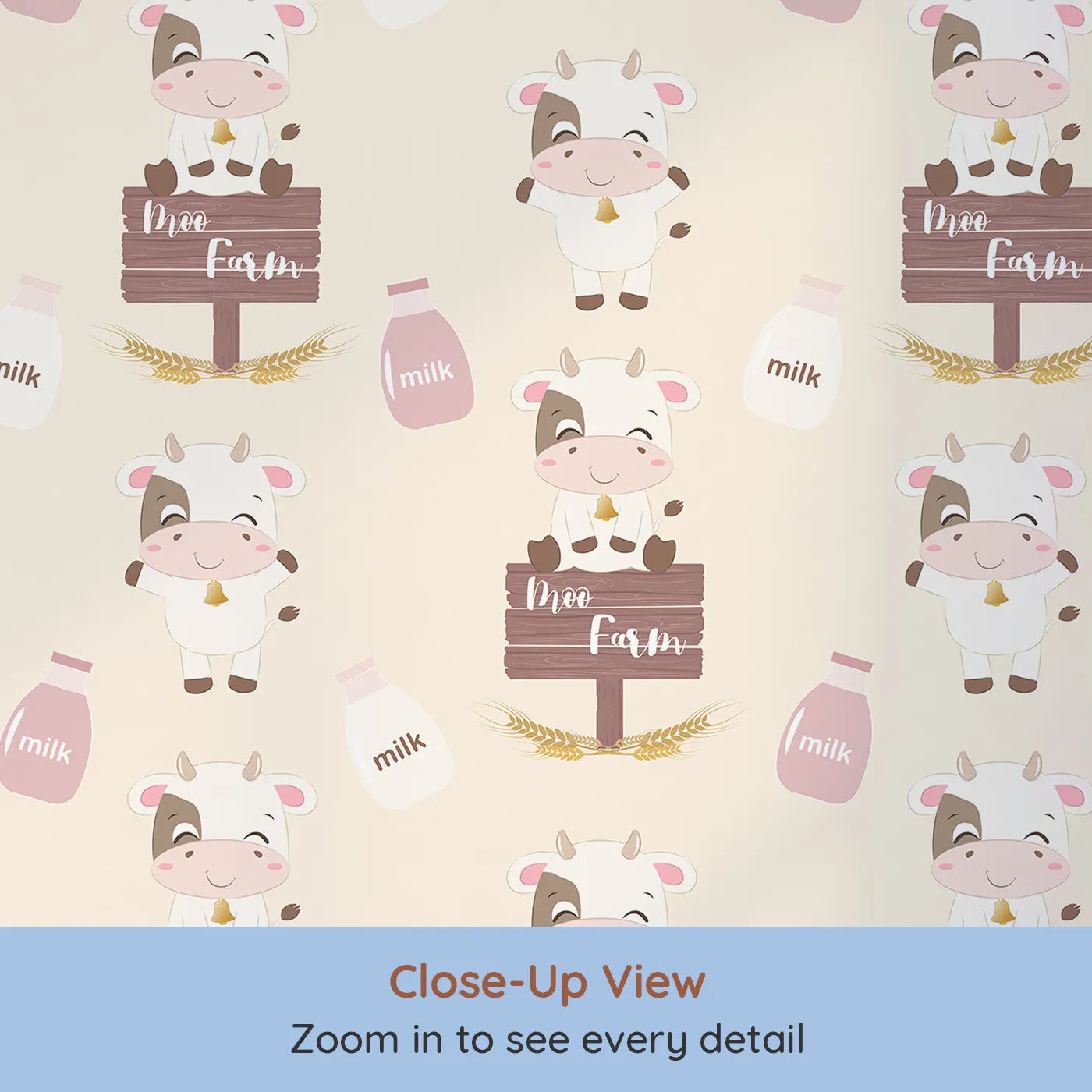 Close-up view of Whimsy Tots' Moo Farm Friends Wallpaper in Cream (W3015B).Smiling cows, milk bottles, and farm signs make every wall a playful delight.